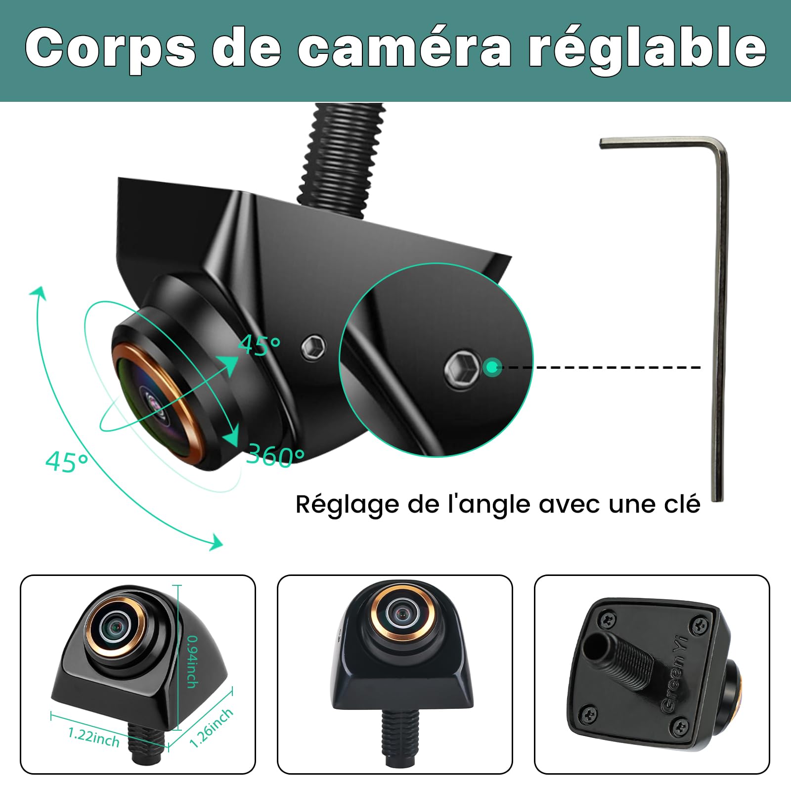 Caméra de recul , GreenAuto AHD 720P caméra de recul pour voiture, SUV, remorque, caravane, van, pick-up, boîtier métallique, objectif fisheye réglable, angle de vision de 170 degrés (Noir)