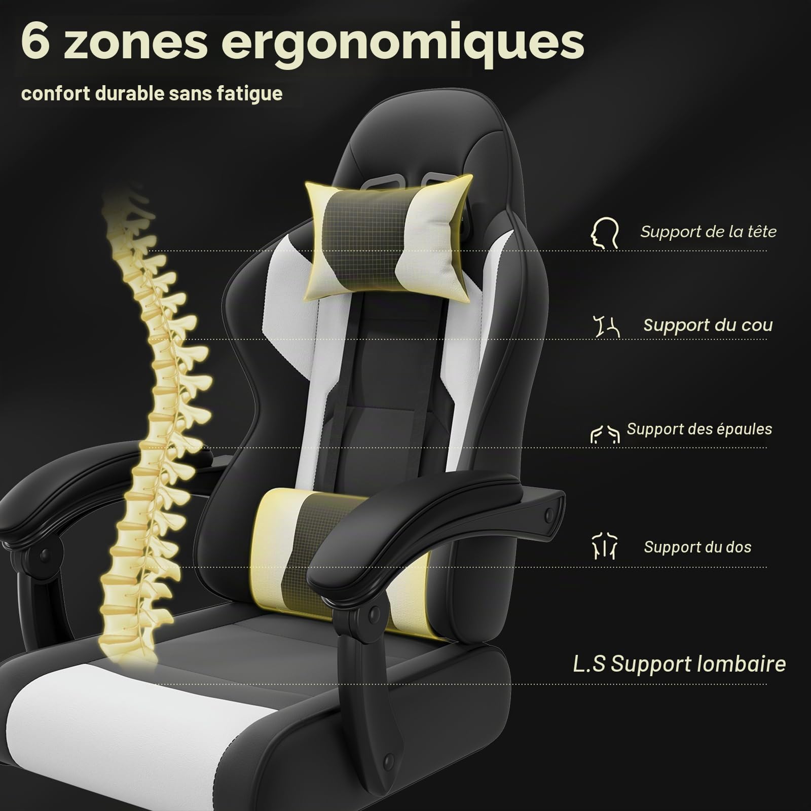 JUMMICO Jetstream Chaise de Gaming Ergonomique avec Fonction Massage, Chaise de Bureau, 150 kg, Blanche