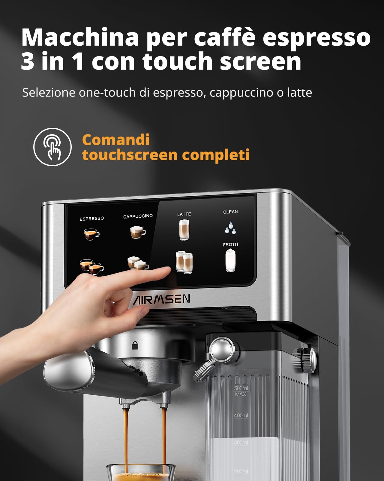 AIRMSEN 20 Bar Macchina Espresso per Casa con Frotheria Automatica, Cappuccino & Latte Caffè Macchina, Doppio Boiler Quick Estrazione (1350W+1000W), Acciaio Inox, Serbatoio d'Acqua 1.8L, Touchscreen