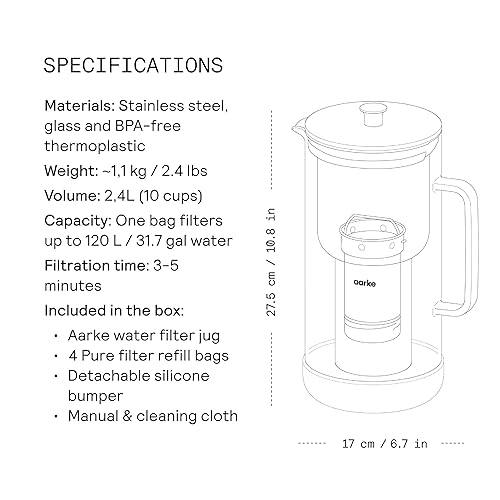 Vista 15 de Aarke Jarra de agua de vidrio purificador, filtro de acero inoxidable recargable, rendimiento de 8 semanas, sin BPA, apto para lavavajillas