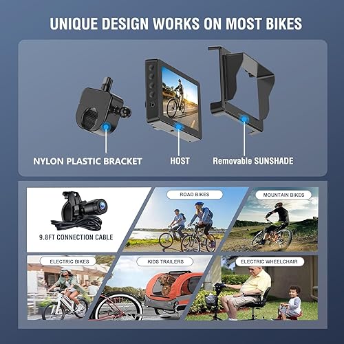 Miniatura 7 de PARKVISION Espejo de bicicleta para manillar, cámara de visión trasera de bicicleta con cubierta antipolvo, monitor HD 1080P de 4.3 pulgadas,