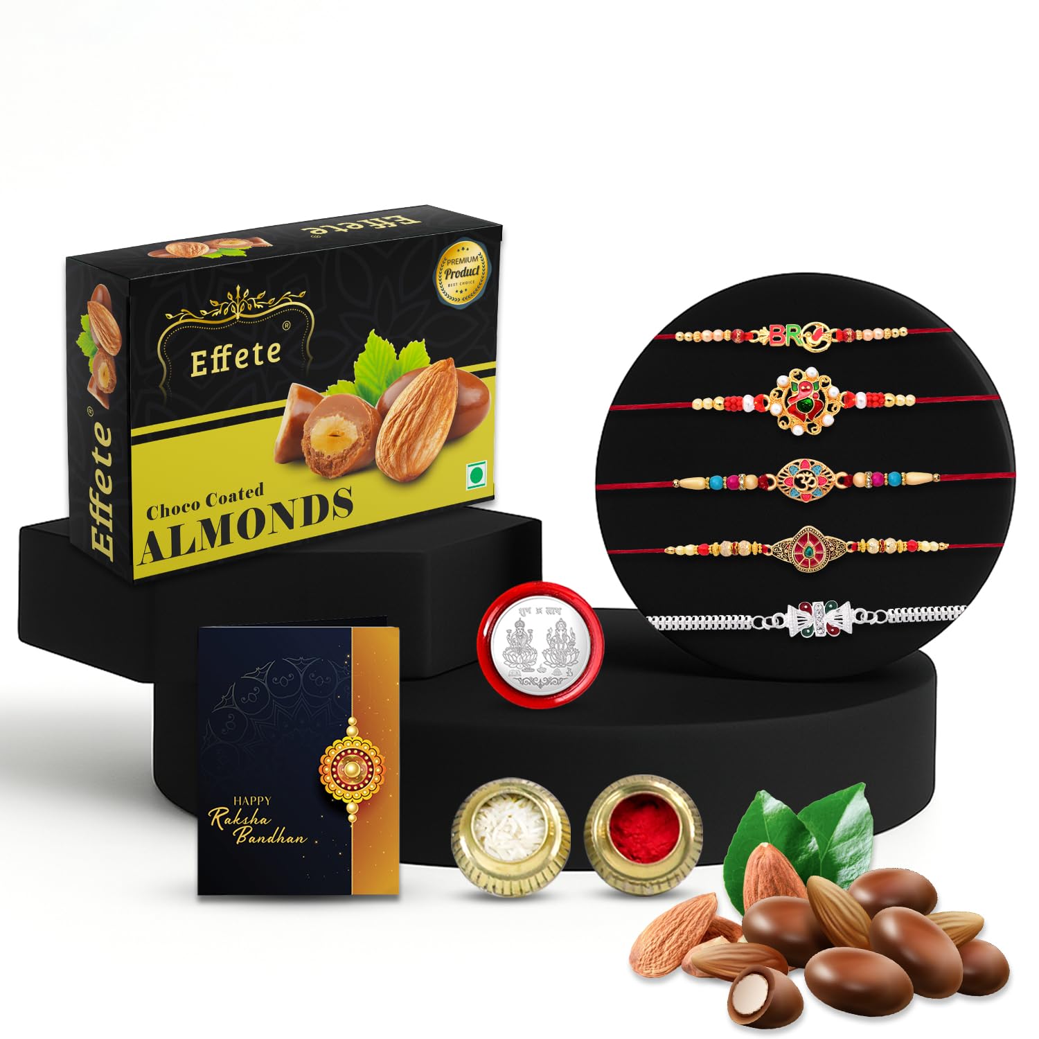 DeoDap Chocolate with Rakhi Combo for Brother – Multicolored Beads Rakhi (5 Pc) with Silver Color Pooja Coin & Greeting Card, Choco Coated Almonds (32 Gm), Raksha Bandhan Celebration Combo for Bhai