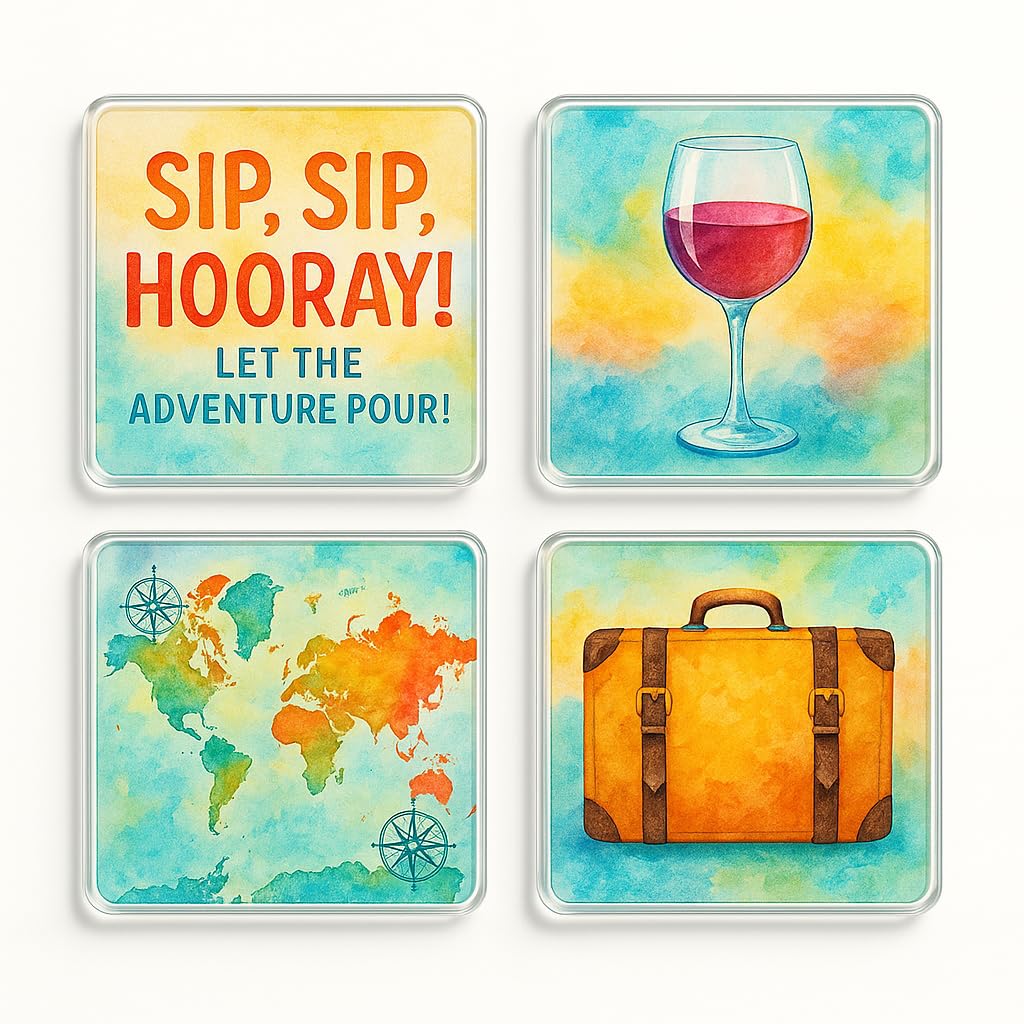 The Plum Penguin Wanderlust Sips Acrylic Coaster Gift Set Of 4 With Watercolour Wanderlust Design - Vibrant Travel Drinkware For Adventure Lovers' Decor