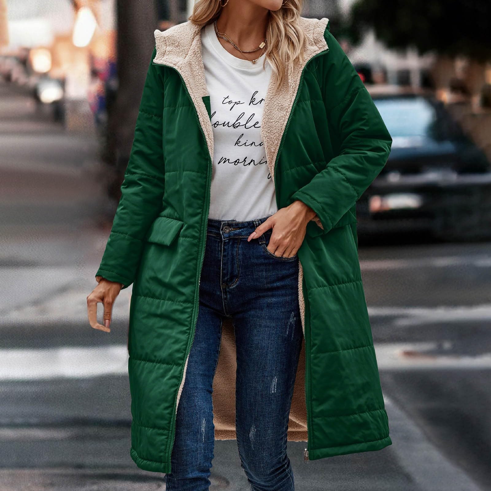 Vestes d'hiver doublées en polaire pour femme - Manteau long à capuche coupe-vent avec poches - Coupe ajustée - Trench à manches longues - Chaud - Pour l'extérieur, la randonnée, la marche en plein