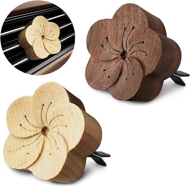 2Pcs Wood Flower Car Air Freshener Diffuser - Car Essential Oil Diffuser Aromatherapy Diffuser Car Diffuser Air Freshener Car Wood Diffuser - Passive Diffuser for Car Diffusers for Essential Oils