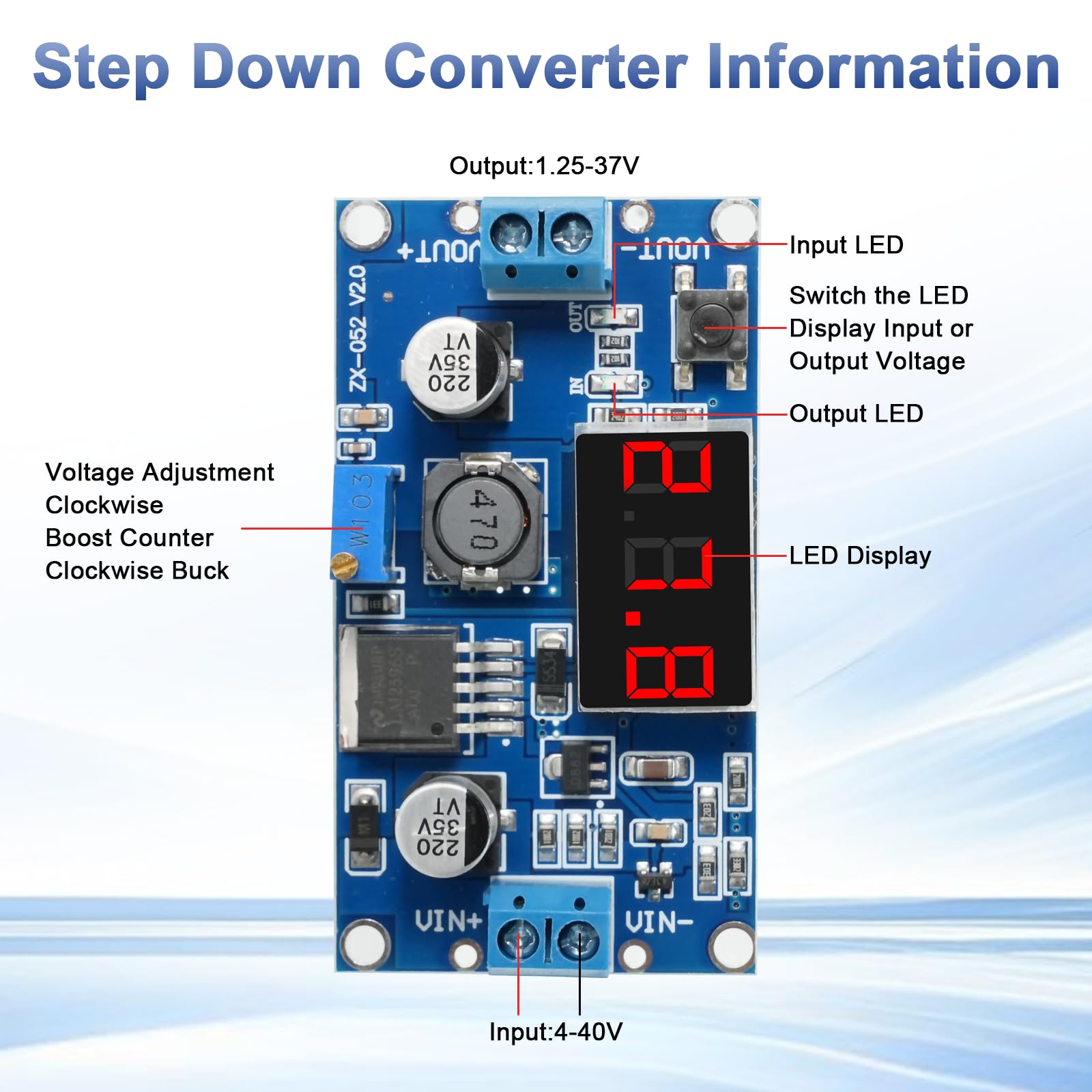 Modulo Convertitore Step-Down DC-DC - Ingresso 4-40V, Uscita 3.3-24V Regolabile, Con Display LED, Per Arduino