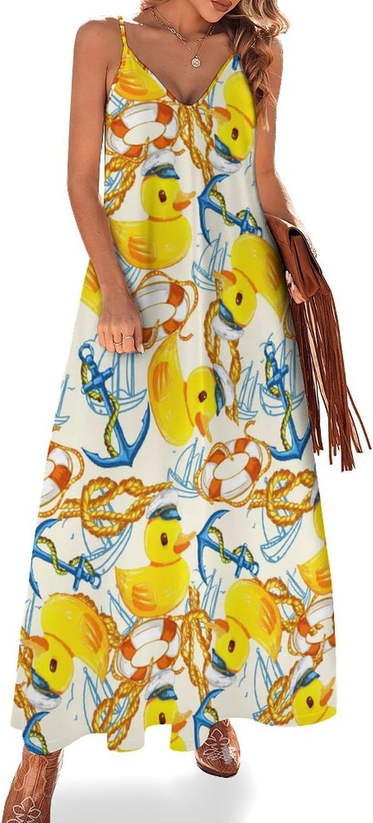 AYUNIXWomen's Maxi Dress Duck Summer Sun Dresses Casual Loose Long Dress V Neck Sleeveless Beach Dresses