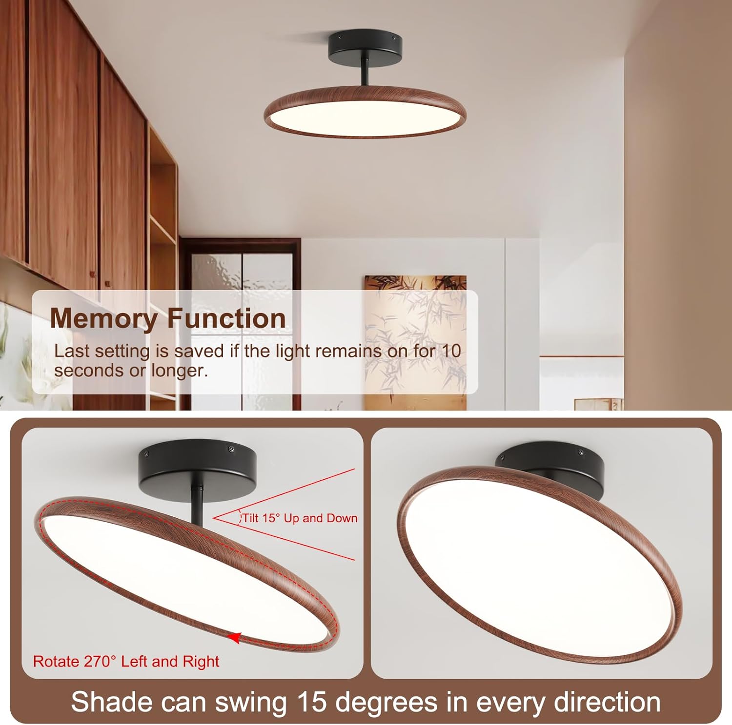 Nordic Semi Flush Ceiling Light - Walnut Vintage LED Dimmable Flushmount Chandelier with Remote Control - Mid Century Modern Round Lighting Fixture for Bedroom Hallway Entryway Laundry Room