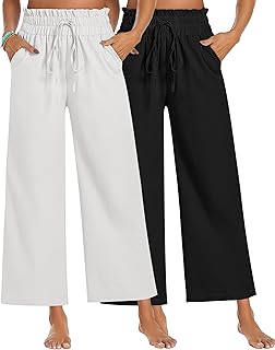 2 Pcs Women's Wide Leg Pants, Casual Linen High Waisted Cropped Trousers with Pockets Drawstring Loose Palazzo Pants (Black, White,Small)