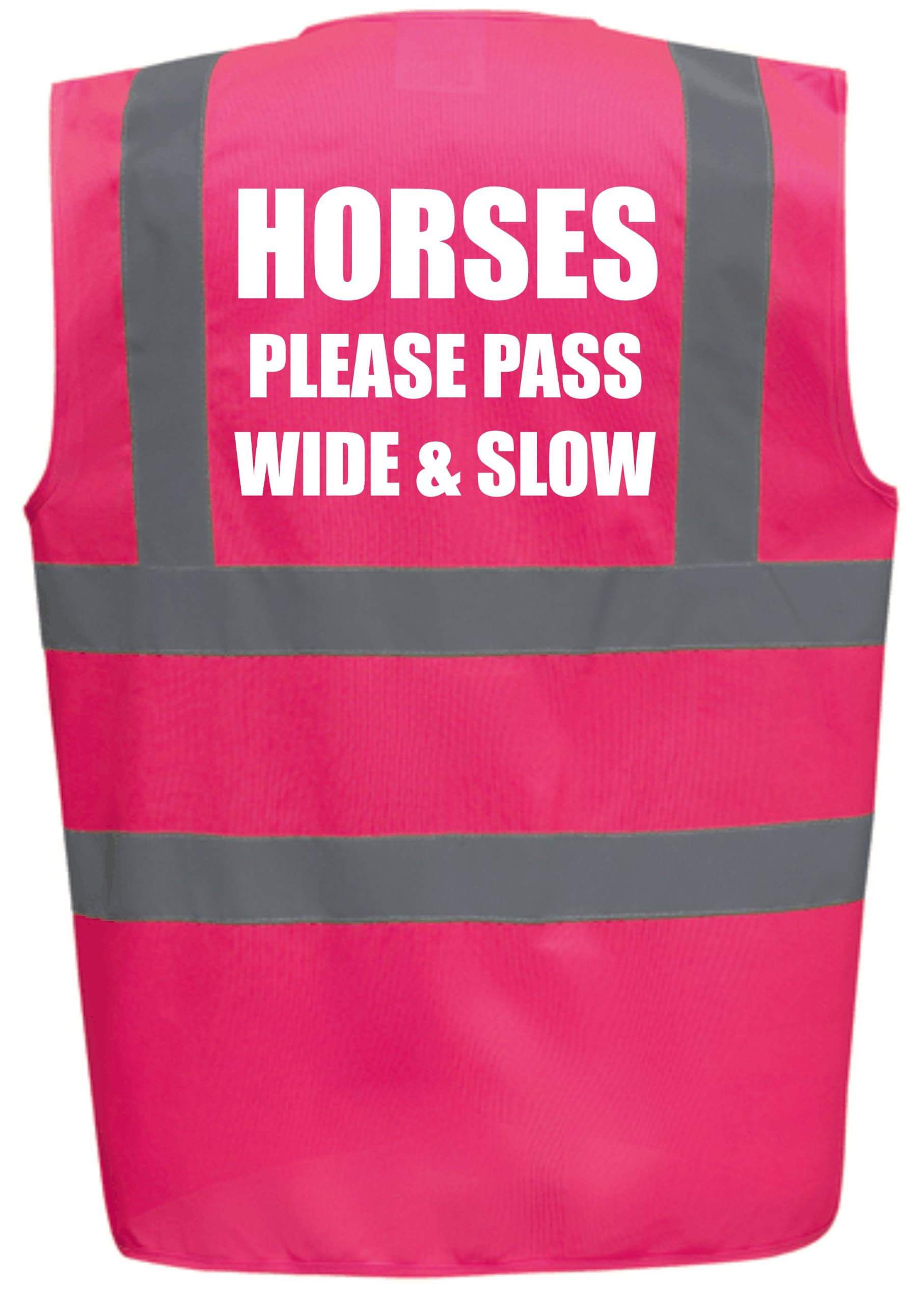 Bright Pink High Visibility Vest with White Text HORSES PLEASE PASS WIDE & SLOW- HORSE RIDING By Brook Hi Vis Medium
