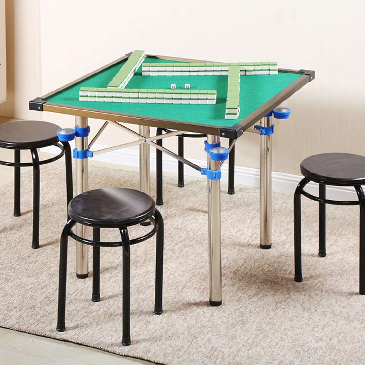 Folding Game Table with Green Surface for Portable Mahjong, Domino, Poker, and Card Games