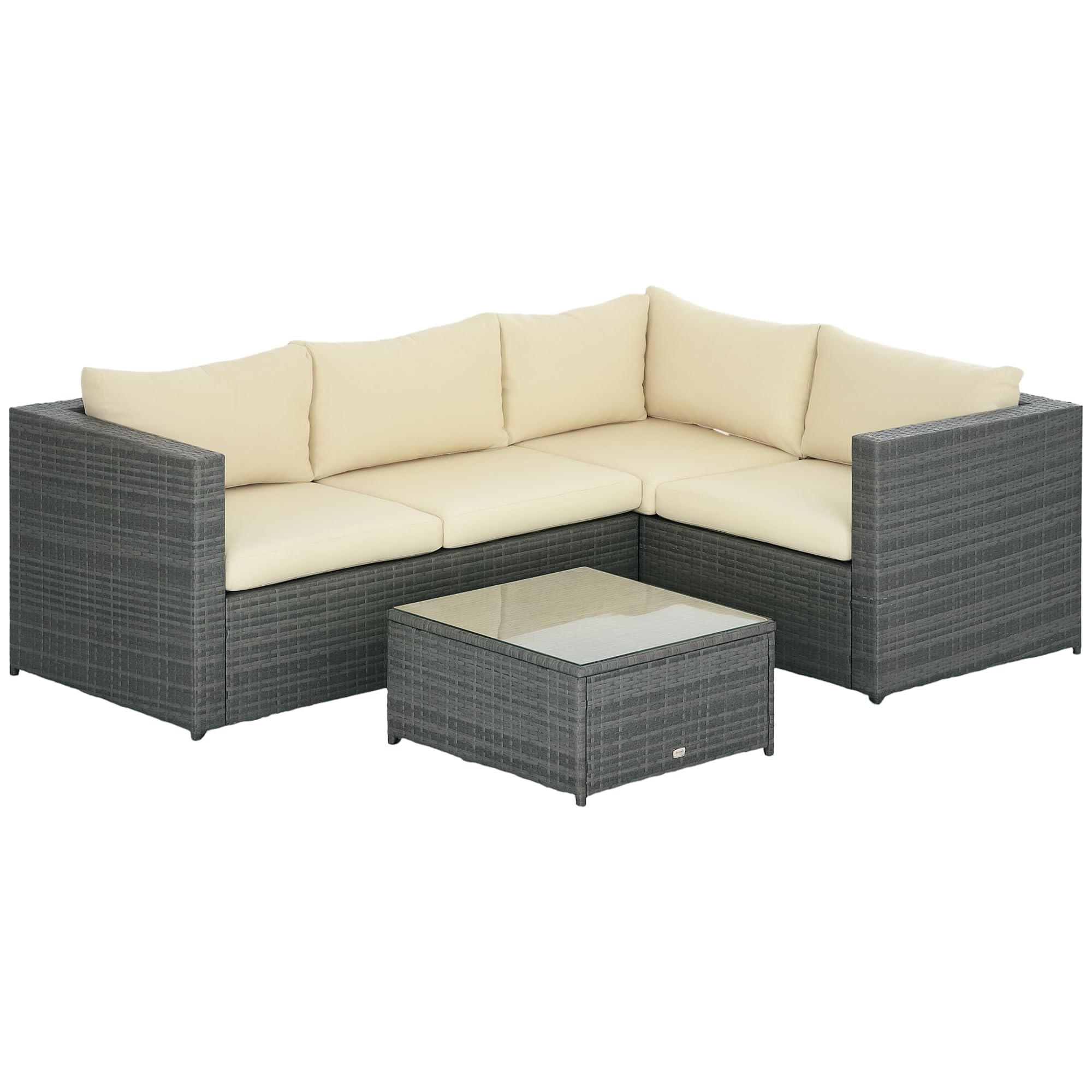 Outsunny 3Pcs Rattan Corner Sofa Set Coffee Table Garden Furniture w/ Cushion