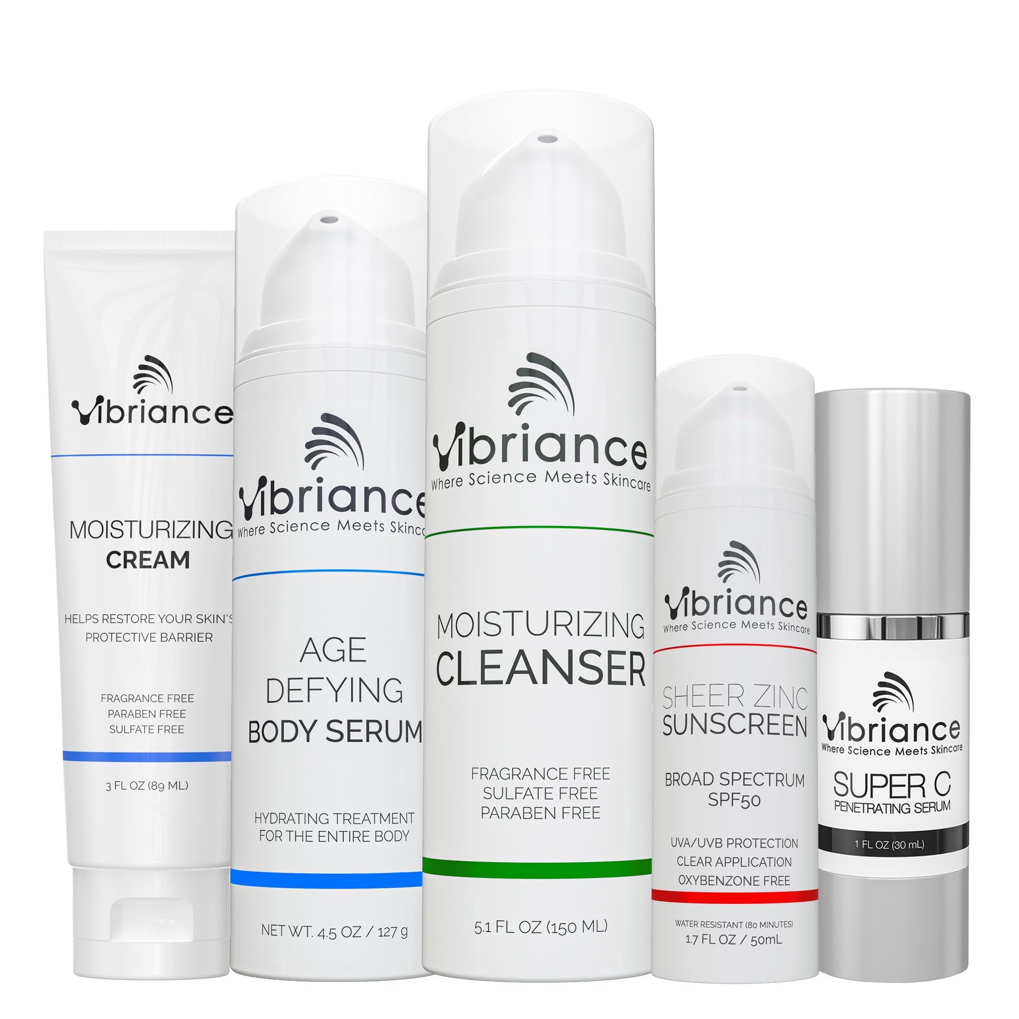 Vibriance Premium Skincare Bundle | Super C All-in-One Serum, Face Cleanser, Moisturizing Cream, Sheer Zinc Sunscreen SPF 50, Age Defying Body Creme - Heal, Hydrate, Protect, Rejuvenate