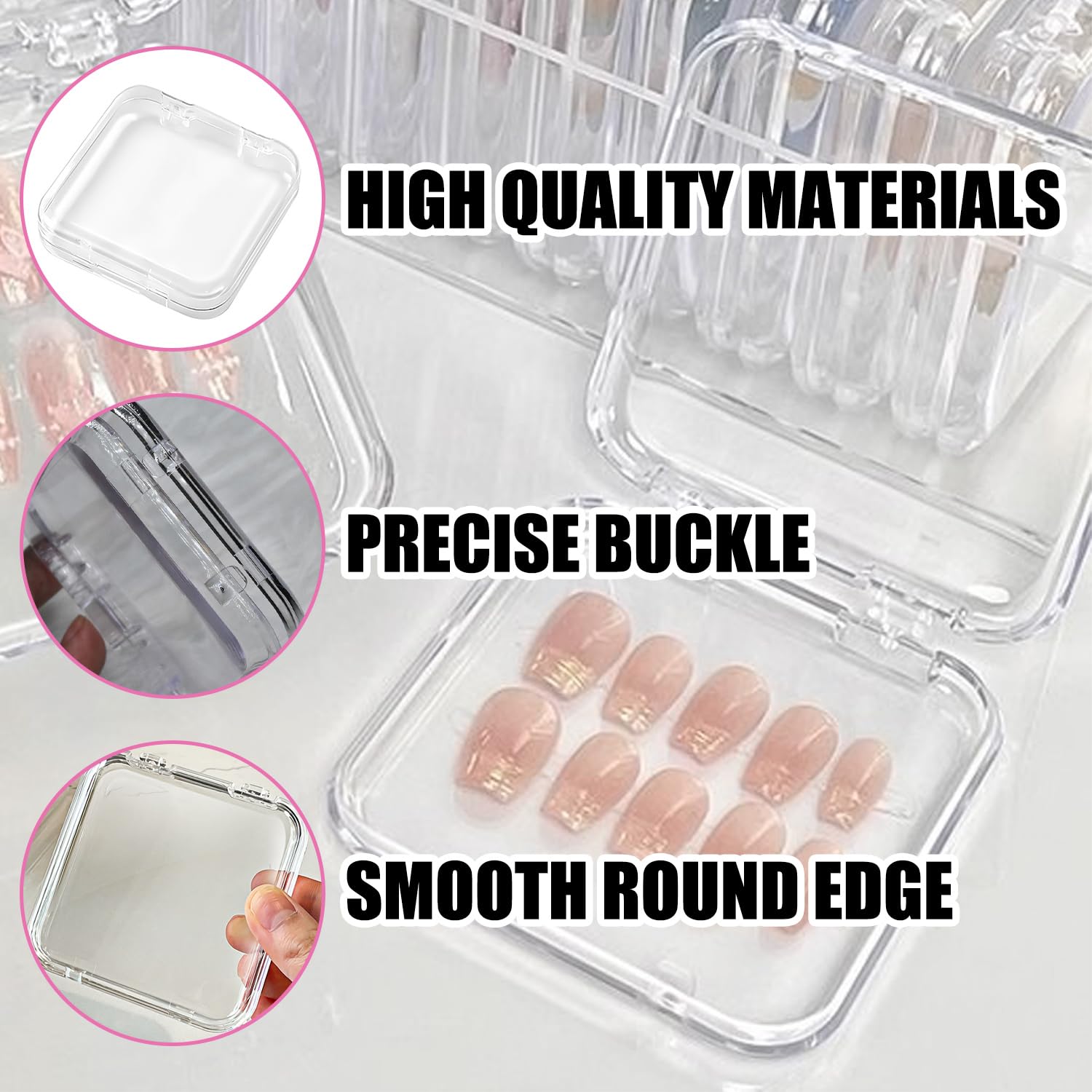 8 Pièces Boîtes de Rangement pour Ongles, avec 30 Rubans Adhésifs Double Face, Boîte Rangement Transparente, Présentoir pour Presse à Ongles, pour Nail Art Portable