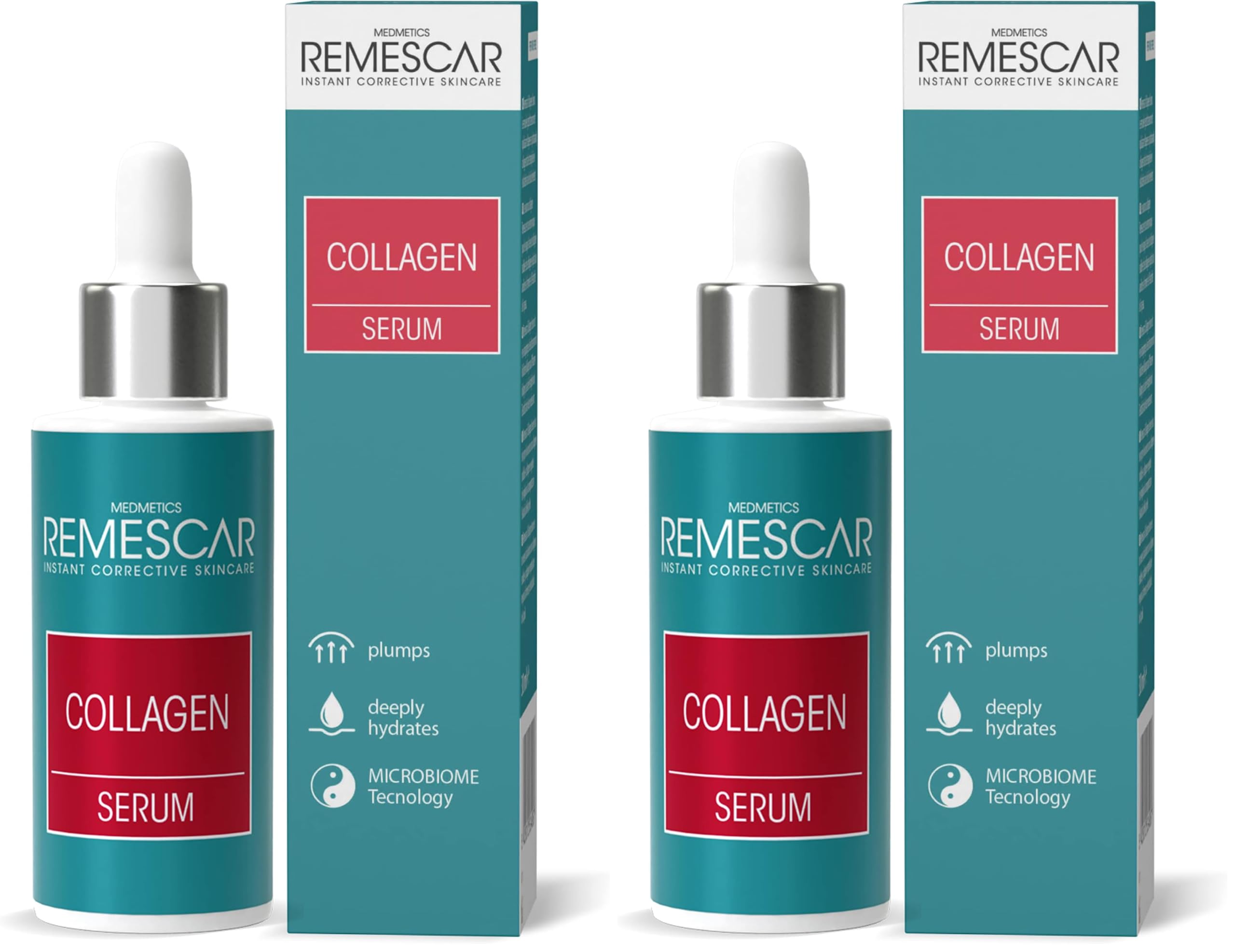 Remescar Siero Viso Collagene Idrolizzato 30ml – Antirughe con Acido Ialuronico – Idratante, Rassodante e Anti-Età – Supporta il Microbioma per Pelle Tonica e Luminosa (Confezione da 2)