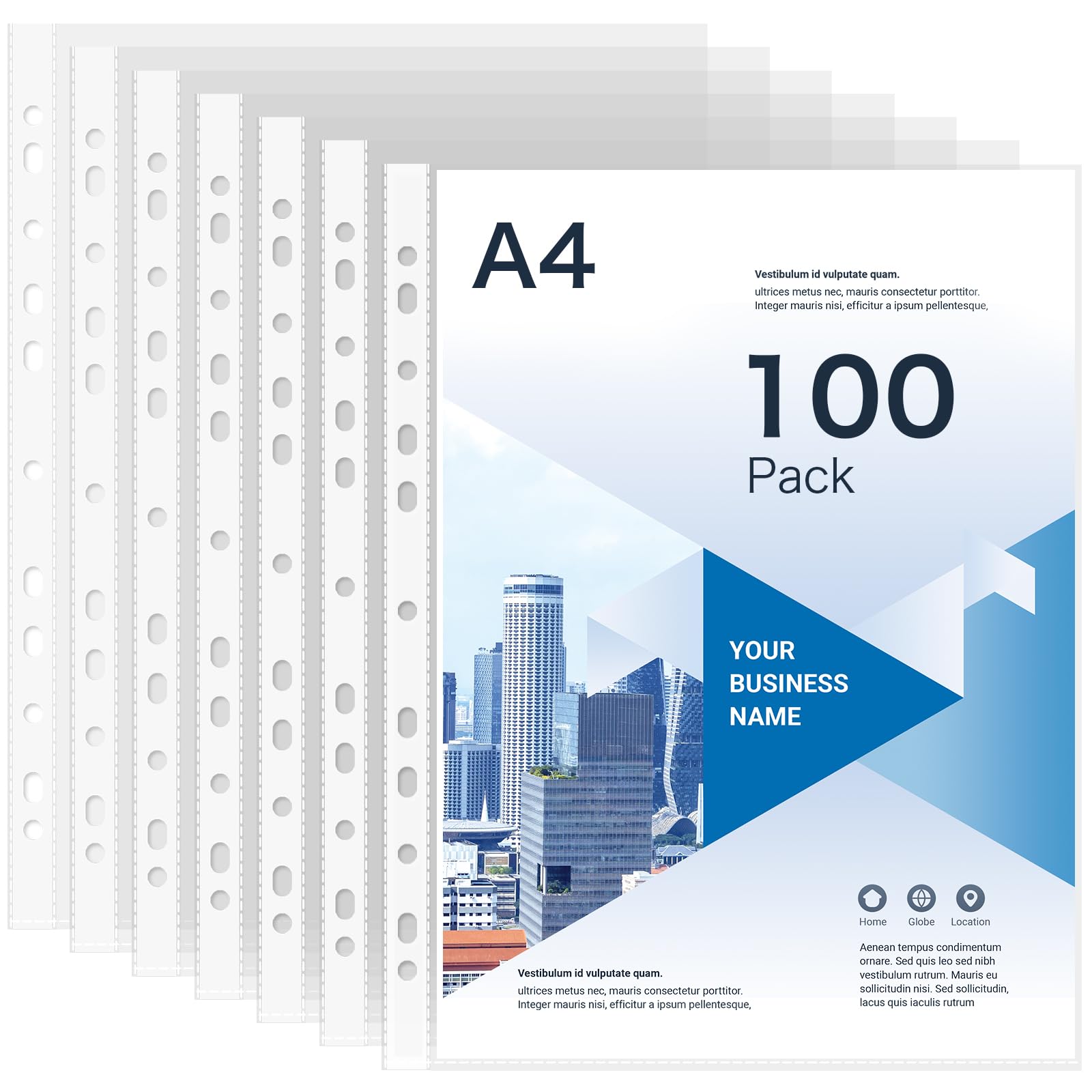 Punched Pockets A4 100Pack Clear 80 Micron Strong Plastic Sleeves, Top Opening Binder Inserts for A4 Ring Binder Folders (100)