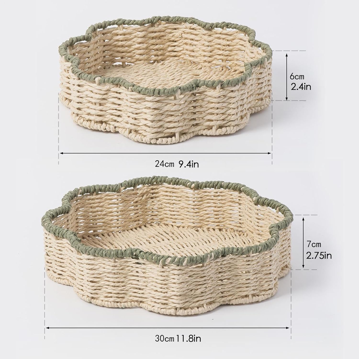 Scalloped Basket Tray, Stylish Storage with Hand-Woven Traditional Pattern, Paper Rope and Iron Round Fruit Basket Trays Multi-Purpose Serving Trays Two-Size Set Small, Home Déc