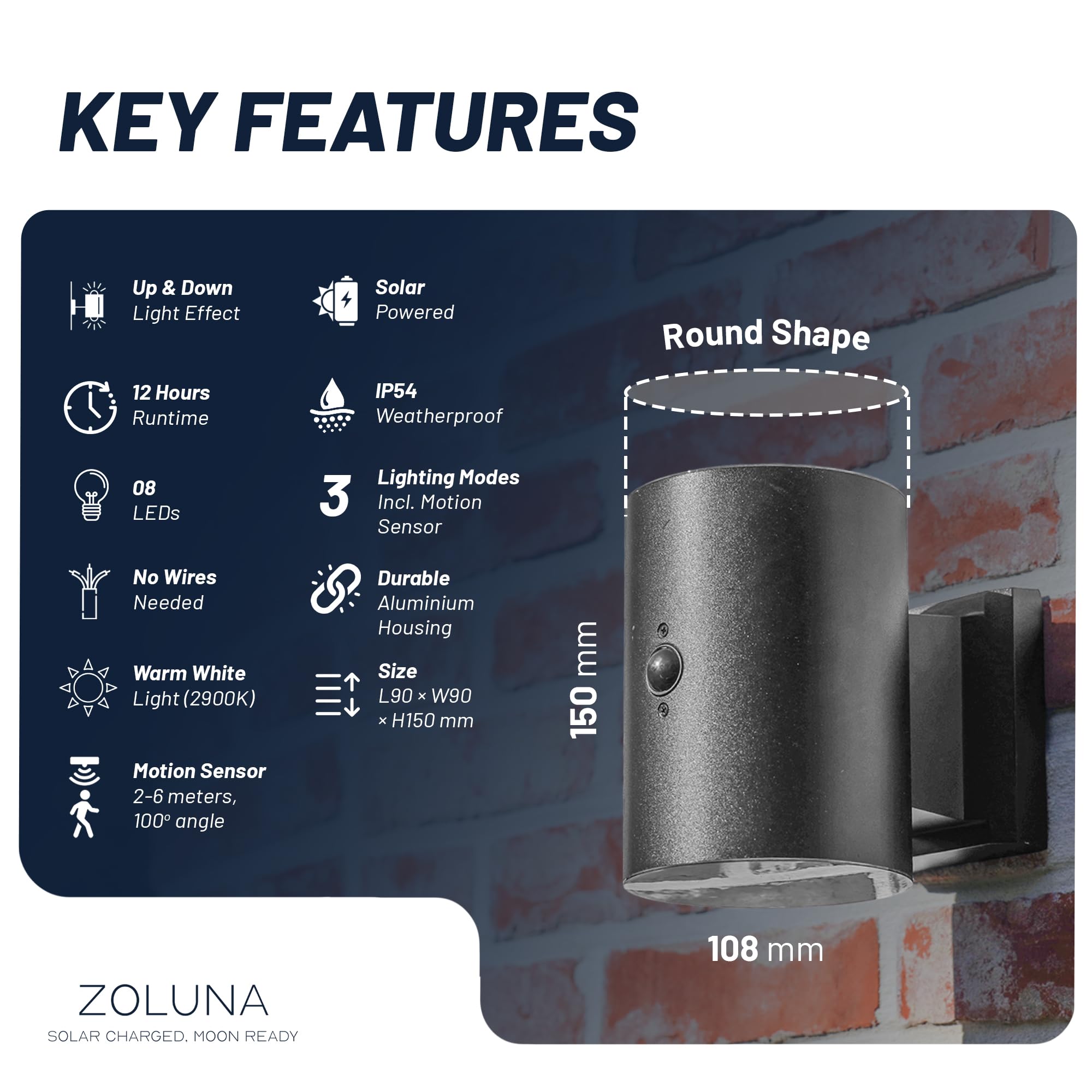 ZOLUNA Willem Solarlampen Für Außen Mit Bewegungsmelder, 3000K, IP54 Wasserdicht, LED Solarleuchten Für Aussen, Solarlampen Für Außen Wand, Solar Wandleuchte Aussen, Ø10,8xH15cm, Rund
