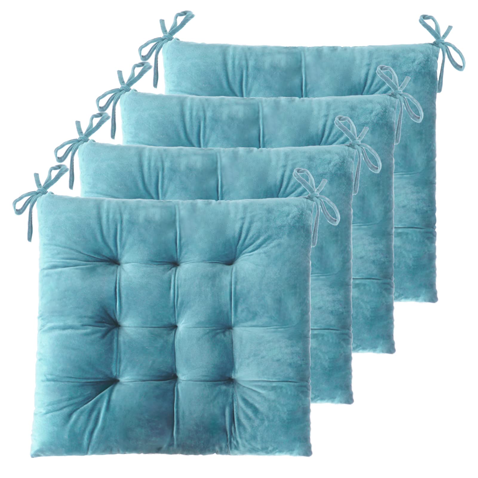 ELFJOY 4 Pack Chair Cushions for Dining Chairs Chair Pads Cushion for Kitchen Office Tufted Square Seat Cushion with Ties (16" Blue Velvet)