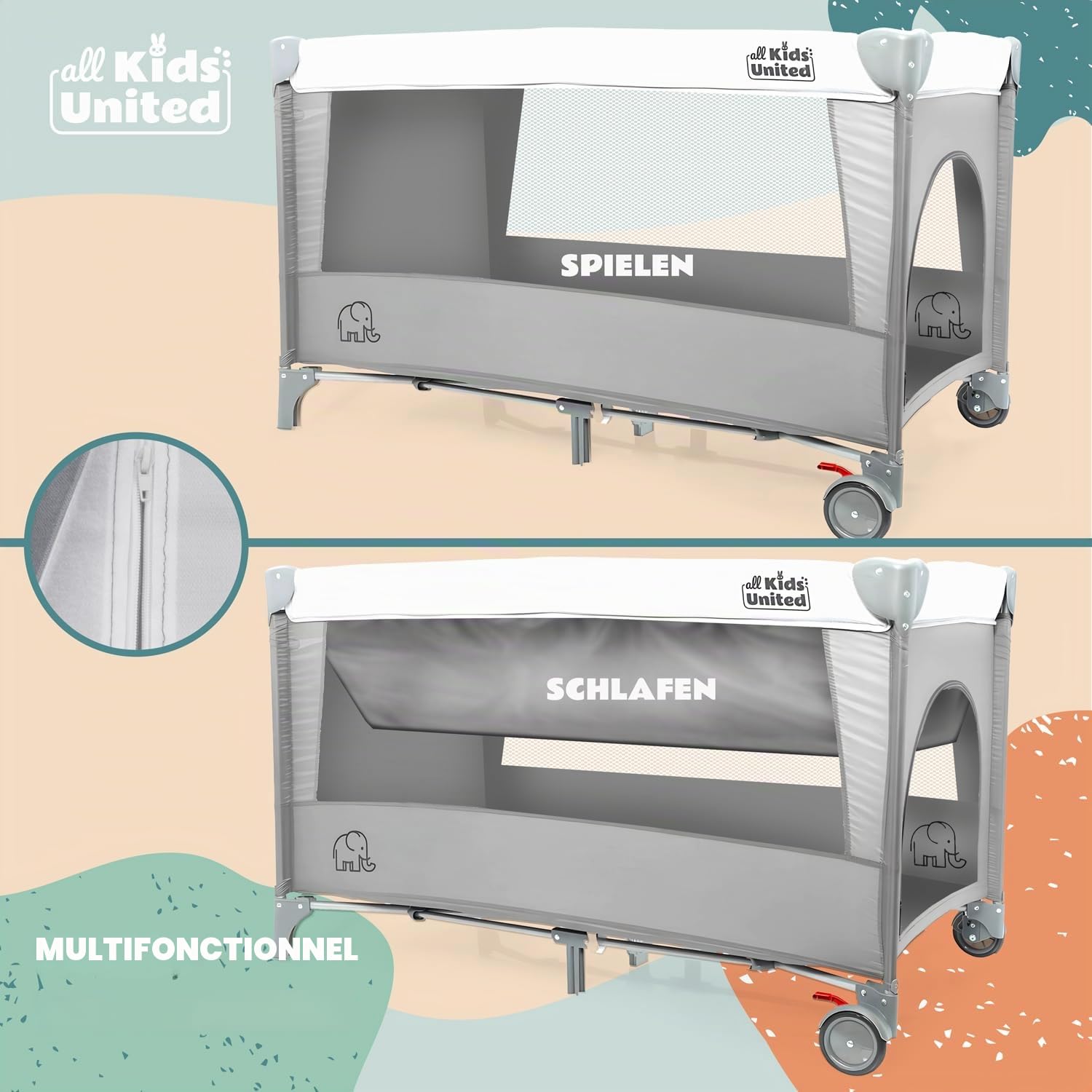 Lit de Voyage pour Bébé Deluxe all Kids United avec Matelas à Langer et Mobile Gris
