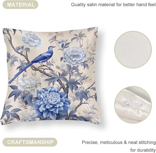 Miniatura 4 de Chinoiserie - Fundas de cojín de satén con estampado floral azul y blanco, flores de primavera y pájaros, fundas de almohada decorativas clásicas
