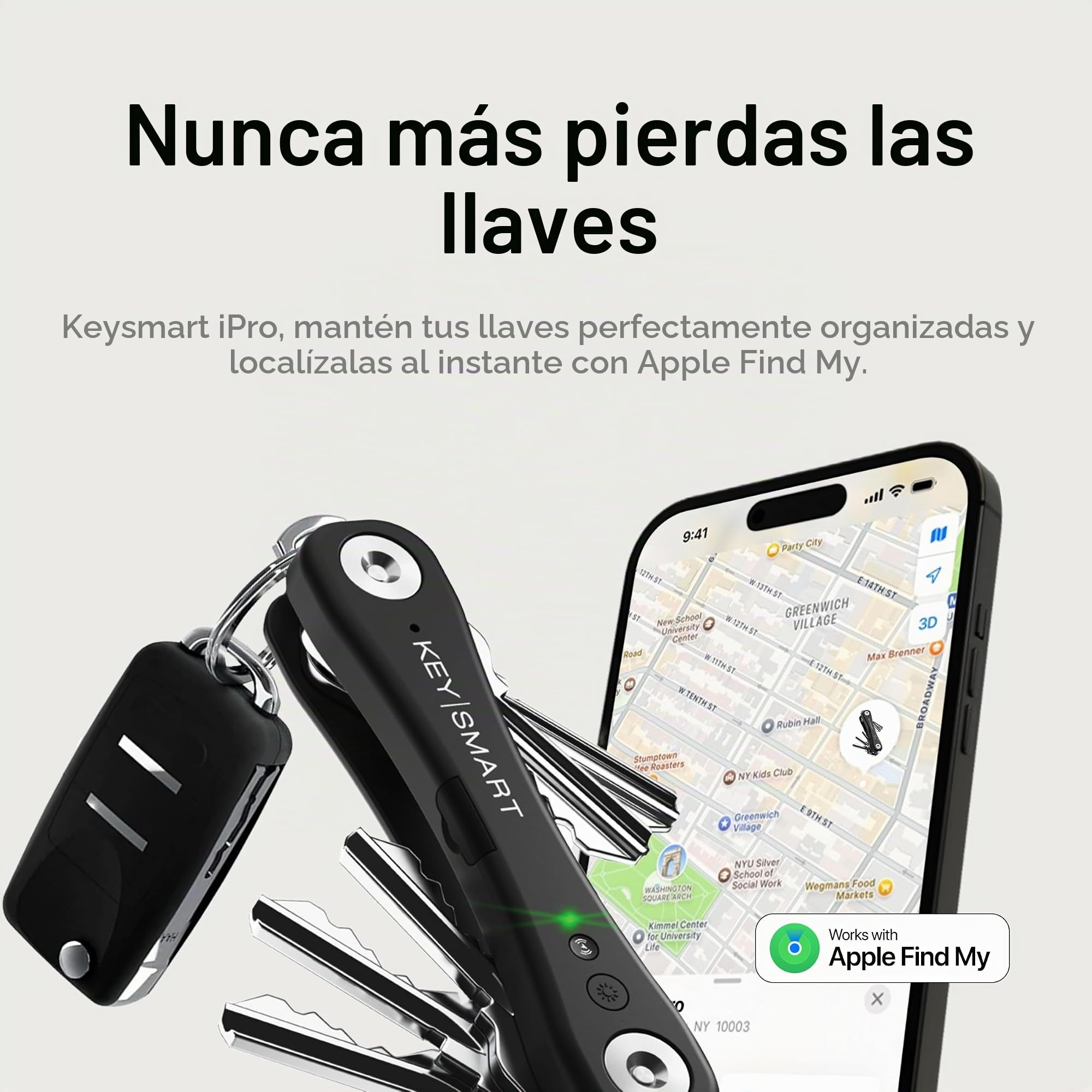 KeySmart iPro - Localizador de llaves con sonido, llavero compatible con Apple Find My App, organizador de llaves, rastreador compacto sin desorden, regalos tecnológicos para hombres (hasta 14 llaves