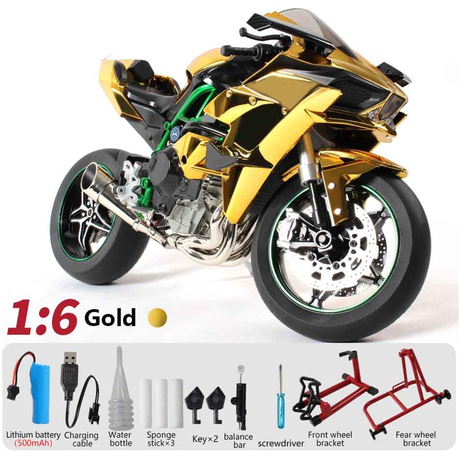 Moto en Alliage pour Kawasaki H2R, Modèle Dynamique, Clé De Démarrage, Course, Spray, Sport, Lumière Sonore, Jouet 1:6 1:9