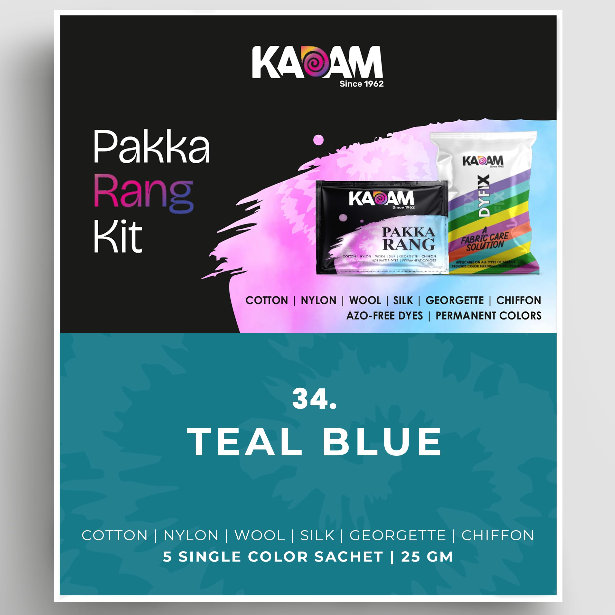 Kadam Pakka Rang Fabric Dye Colour | 25g Pack | Includes DyFix Color Fixer | Permanent Fabric Dyes for Old Faded Jeans and Clothes (Teal Blue)