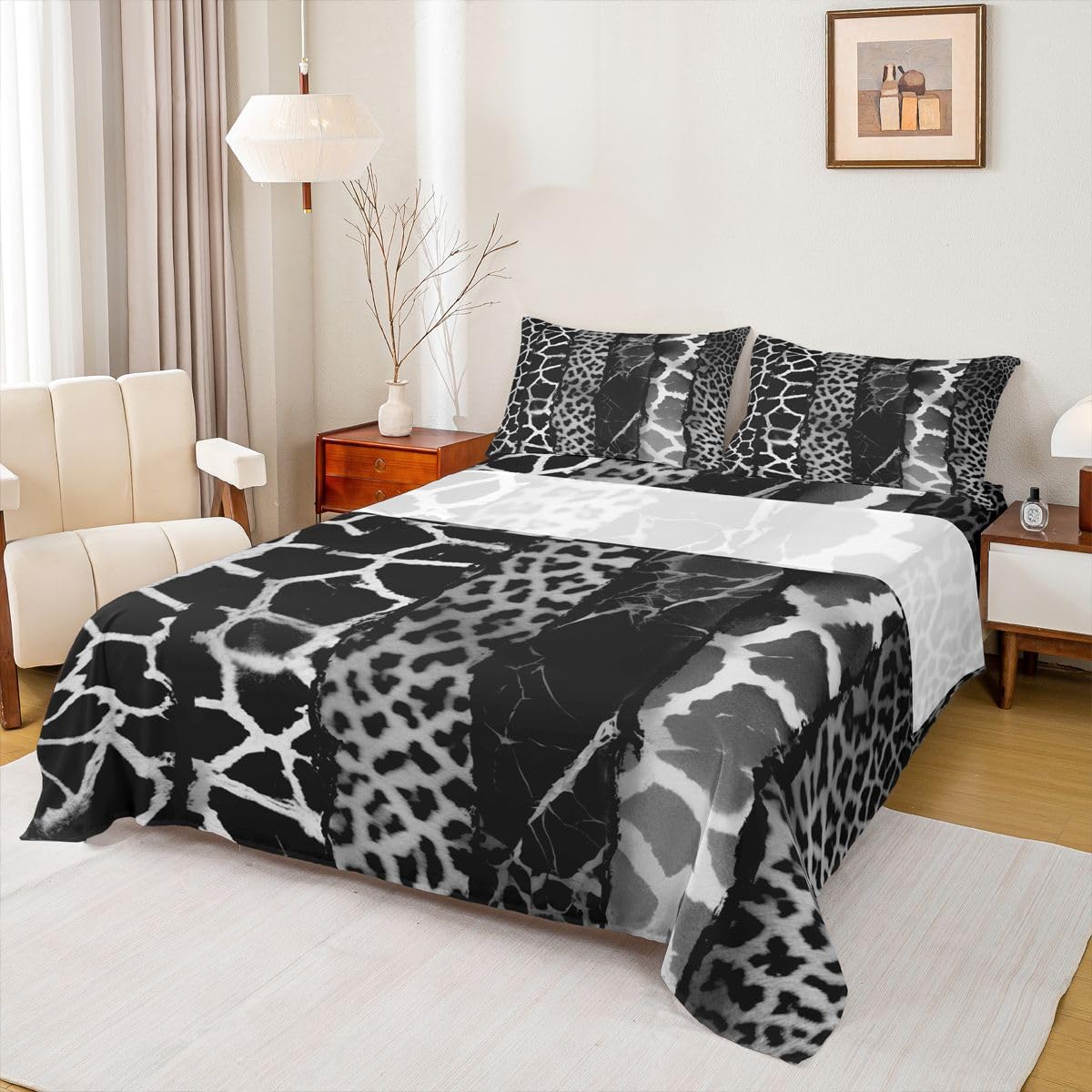 Loussiesd Juego de sábanas con estampado de leopardo, tamaño King, diseño de cebra y jirafa, sábana bajera ajustable con estampado de guepardo animal, juego de cama suave, 4 piezas con 2 fundas de