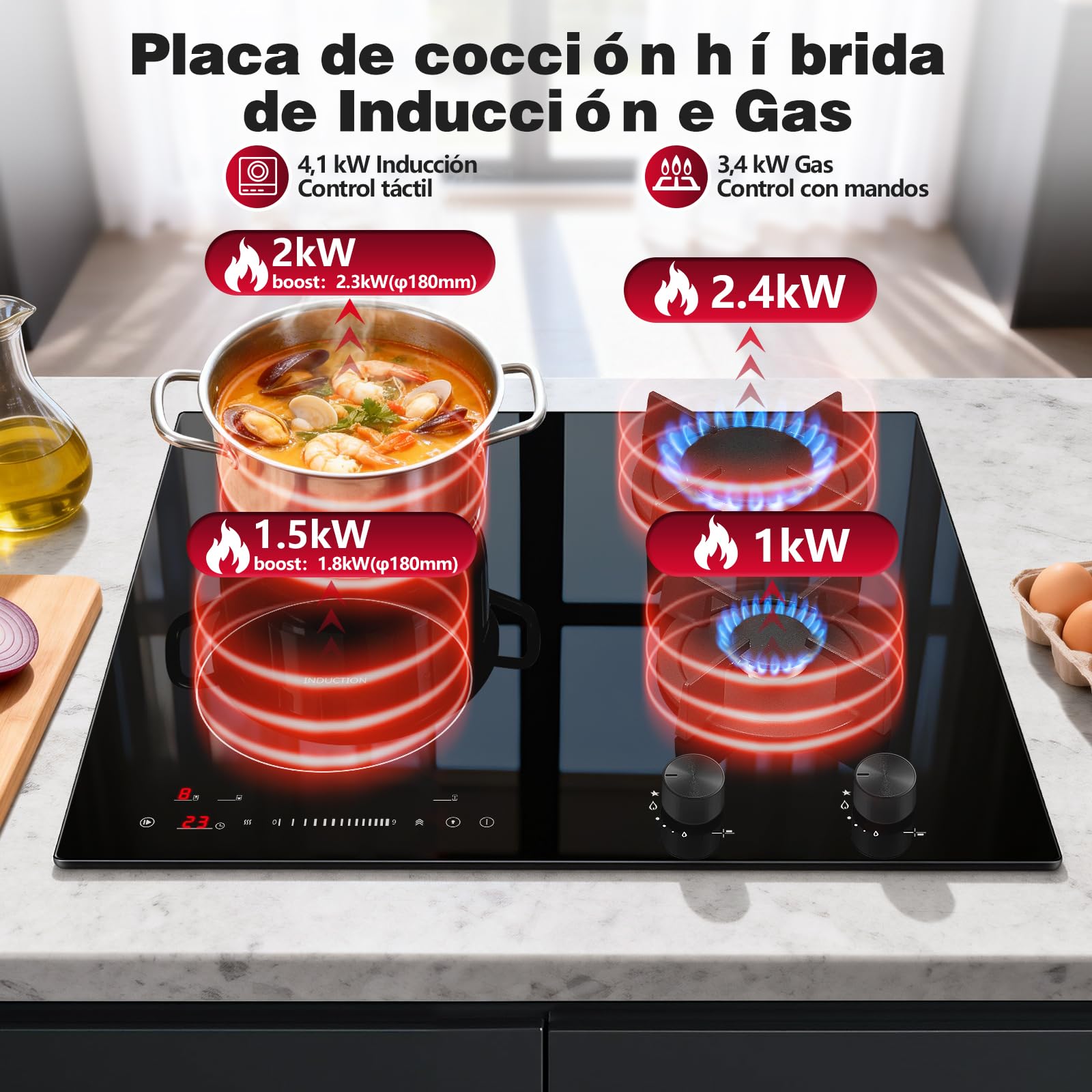 SNDOAS Table de Cuisson Mixte Gaz Induction 4 Foyers 59cm, 7500W Totale, Plaque de Cuisson Induction 4100W avec Boost & Pont, Plaque Gaz 3400W avec Brûleur Wok, Sécurité Enfant, Verre Céramique Noir