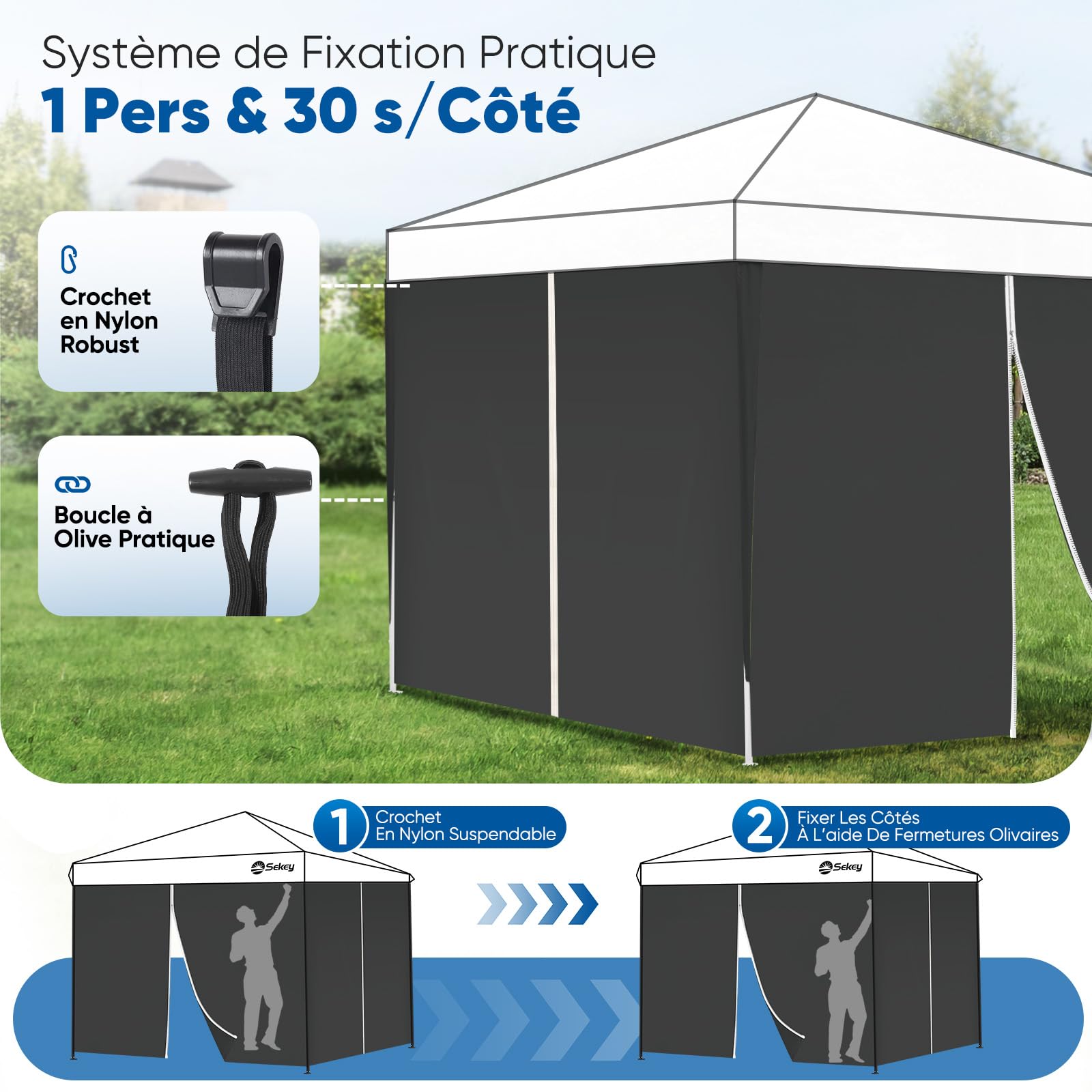 Sekey Lot de 2 parois latérales pour tonnelle, 3 x 3 m, imperméables, résistantes à l'hiver, parois latérales, pour tonnelle, Tente de fête, Tente de Jardin, 2 Portes, Noires