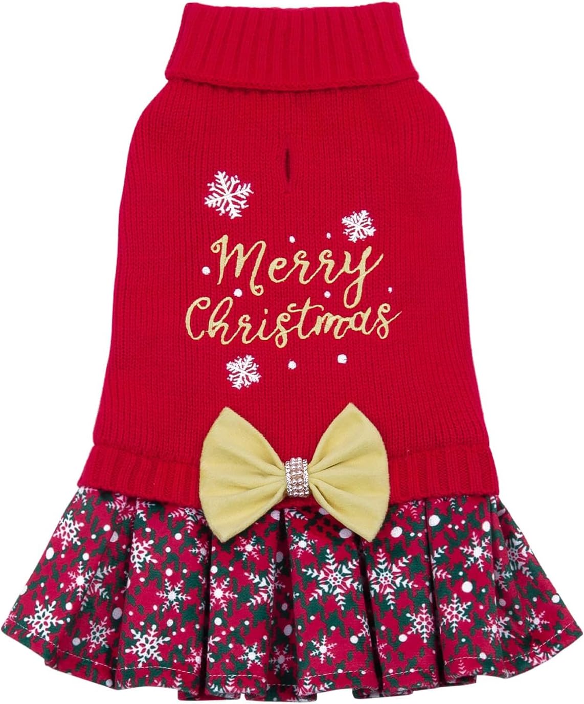 CuteBone Christmas Dog Sweater Dress Turtleneck Puppy Sweater with Bowtie Harness Hole Pullover Winter Dress for Small Dogs CAD-DS53XS