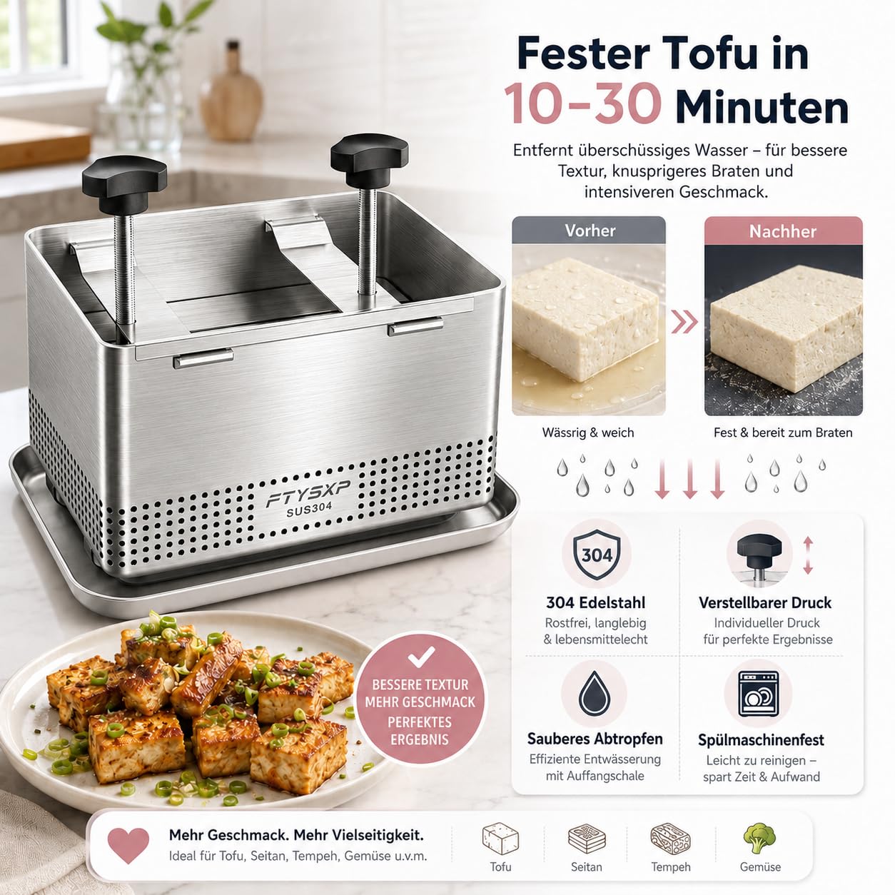 Tofu prensa -304 acero inoxidable vegano Tofu prensa para acelerar la eliminación del agua de la seda en 10-30 min para tofu sólido sólido Exprimidor de queso y jamón sin grieta BPA (XL)