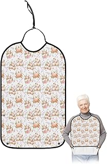 Kewadony Adult Bibs for Elderly Women - Thanksgiving Waterproof Dining Clothing Protectors with Crumb Catcher for Eating/Feeding, Fall Pink Pumpkins Flower Green Leaves Terry Cloth Bib Washable