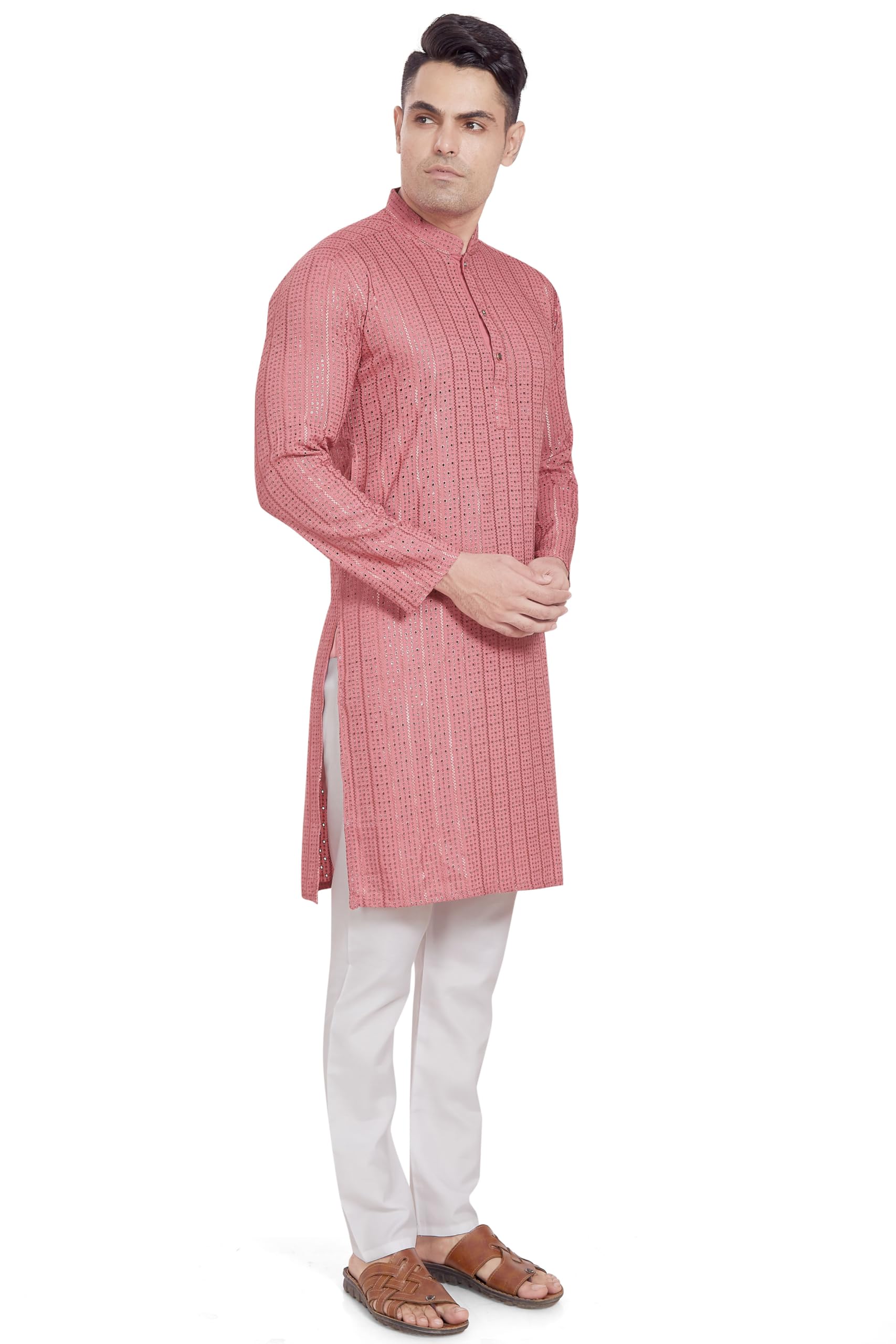 Divisive Men's Embroidered Cotton Blend Only Slim Fit Kurta (Dkrt382_S_Pink)