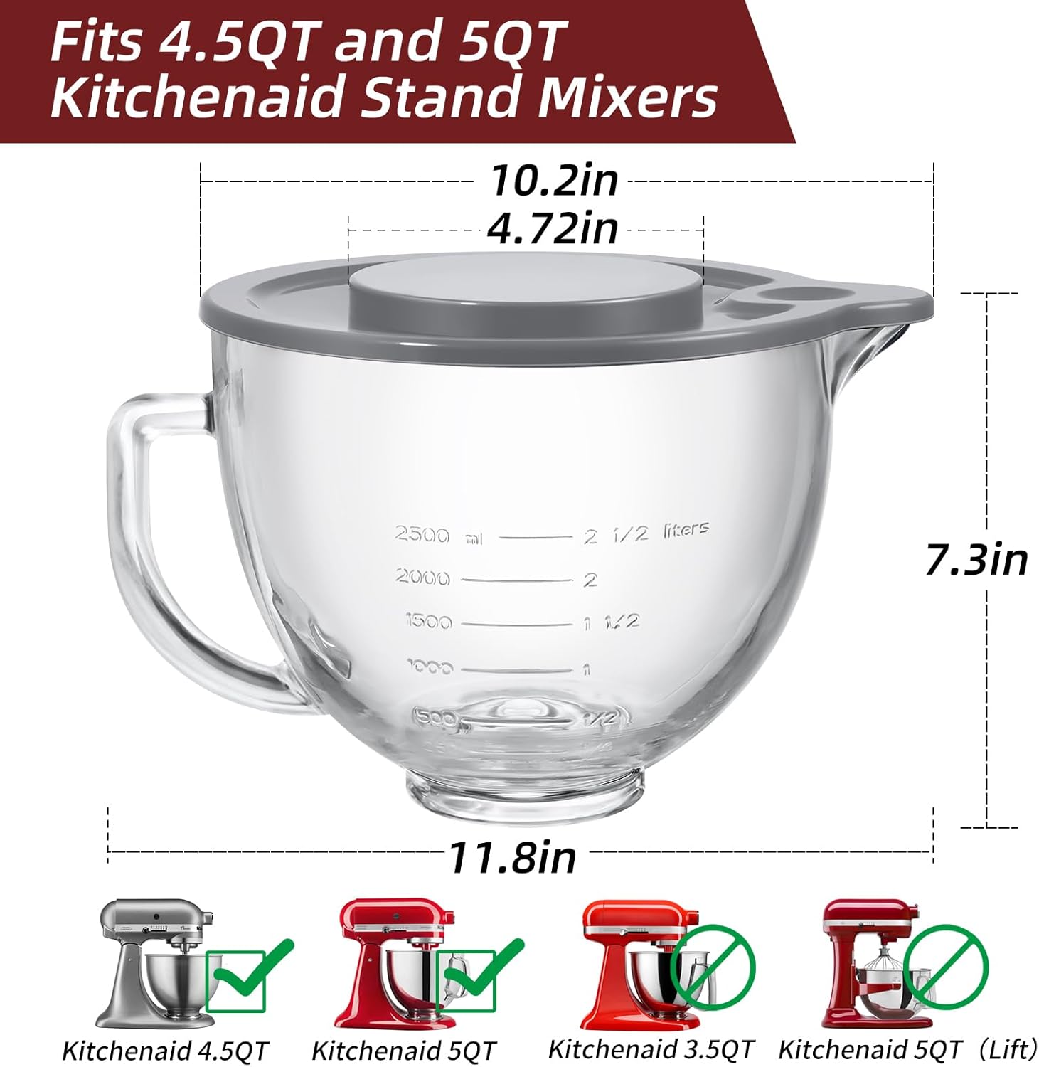 Stand Mixers Bowl for Kitchenaid 4.5 Quart and 5 Quart, Glass Mixing Bowl with Lid and Measurement Markings