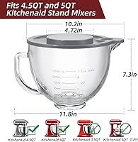 Vista 2 de Kitchenaid - Cuenco para batidoras de pie de 4.5 cuartos y 5 cuartos de galón, cuenco de vidrio con tapa y marcas de medición