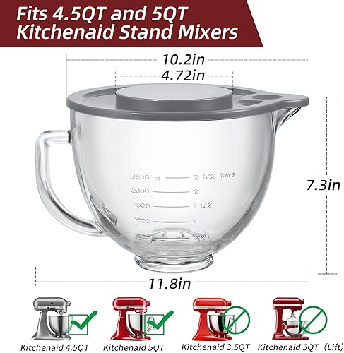 Miniatura 2 de Kitchenaid - Cuenco para batidoras de pie de 4.5 cuartos y 5 cuartos de galón, cuenco de vidrio con tapa y marcas de medición