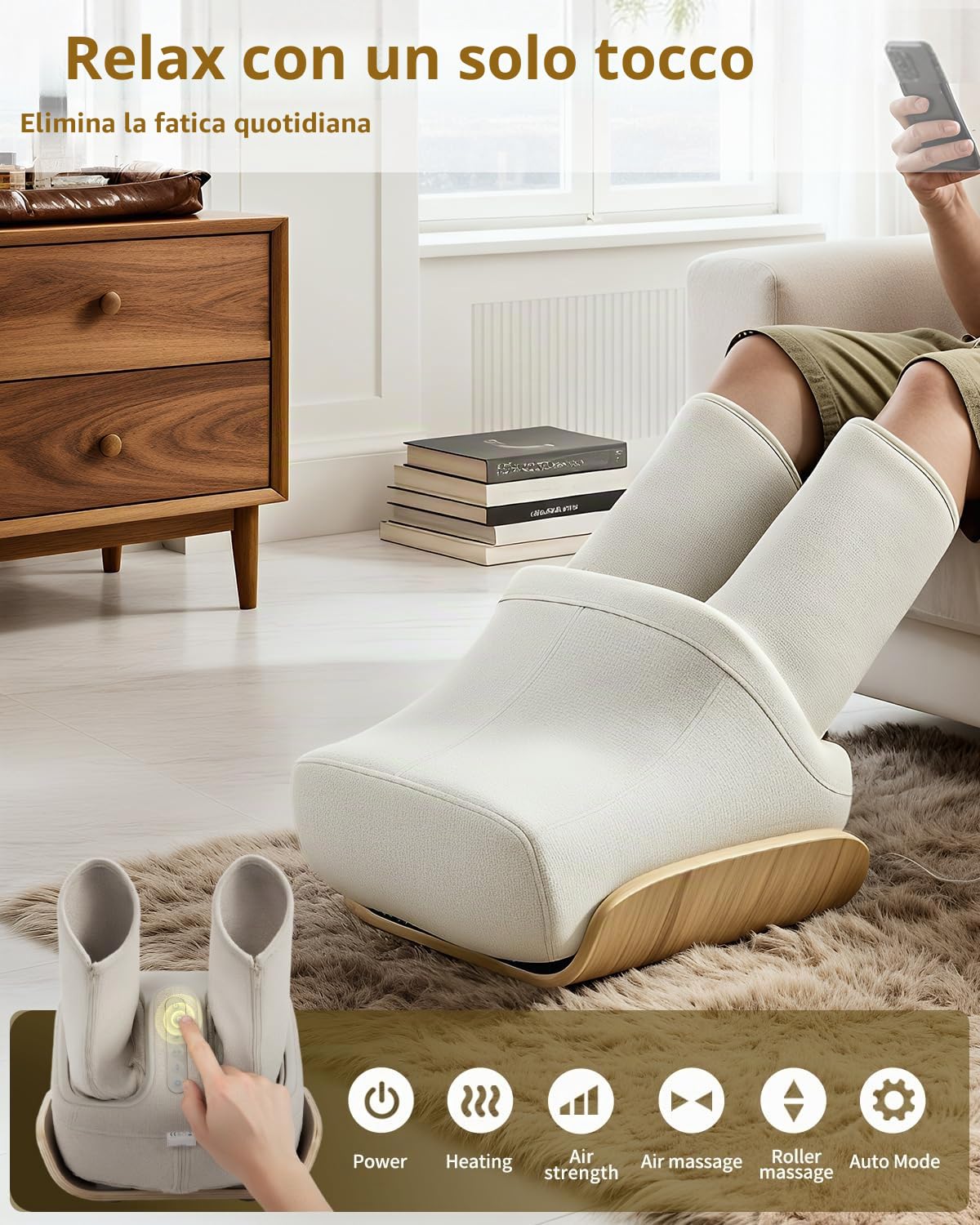 massaggiatore per piedi Shiatsu con funzione riscaldante, massaggio pneumatico per polpacci e rulli, massaggiatore per gambe per uso domestico, beige