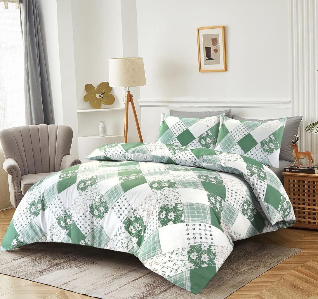 HOMES-LINEN Duvet Cover Set Polycotton Floral Patchwork – Soft & Breathable Bedding Set with Pillowcases – Reversible Floral & Checkered Design Eloise Easy Care Quilt Cover (Green, Super King)