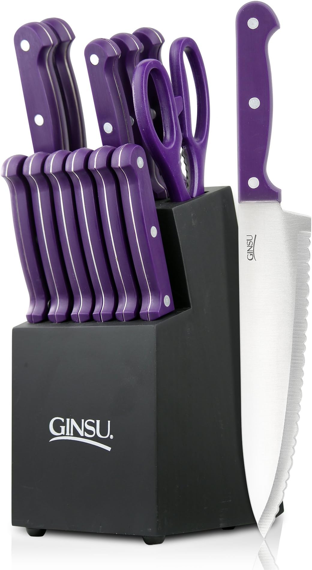Ginsu Essential Series 14-Piece Stainless Steel Serrated Knife Set – Cutlery Set with Purple Kitchen Knives in a Black Block, 03891DS