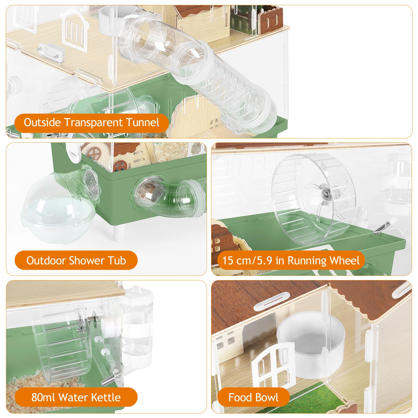 Acrylic Hamster Cage Large Hamster Habitat Dwarf Hamster Enclosure, 13.3''* 9.8''* 17.4'' Clear Pet Mice House for Syrian Small Hamsters, Green