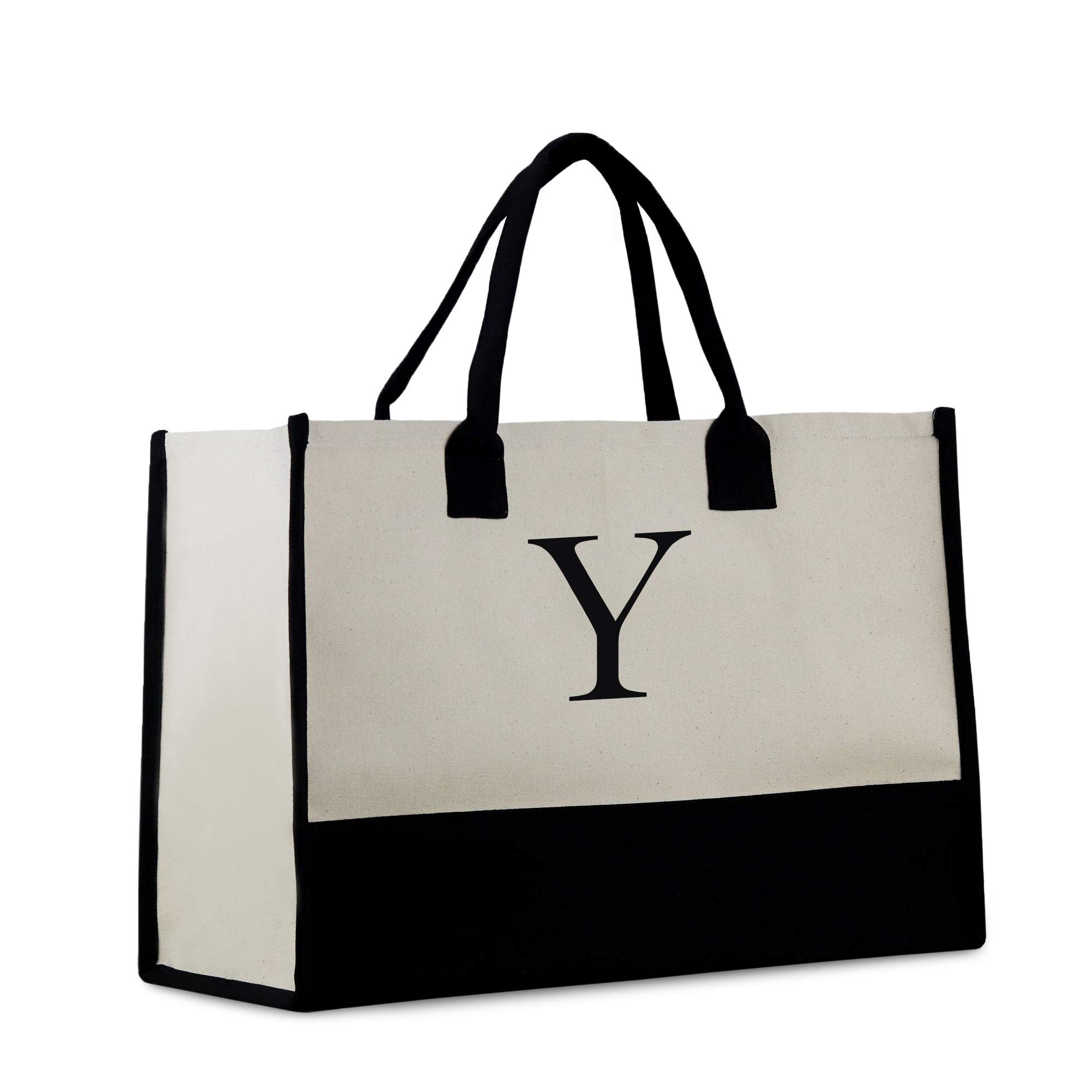 Personalized Gift Monogram Initial 100% Cotton Chic Tote Bag with Customize Option - Black