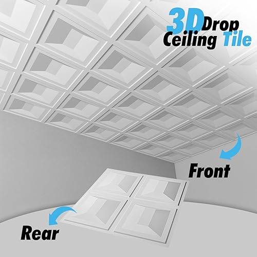 Miniatura 2 de Art3d Azulejos de techo de caída 24x24, 12 hojas de PVC decorativos de pegamento para paneles de 2 x 2, color blanco