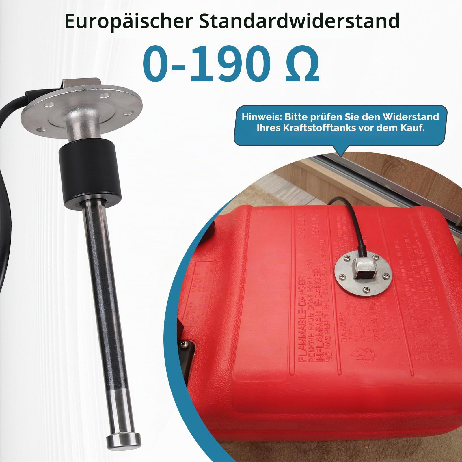 CPROSP Füllstandssensor 200mm, Kraftstoffstandssensor 0-190 Ohm, Edelstahl-Kraftstoffsendeeinheit, Wasserstandsanzeige-Sensor, Autokraftstoffwasserstandsensor, Tankgeber für Yachten, Wohnmobile