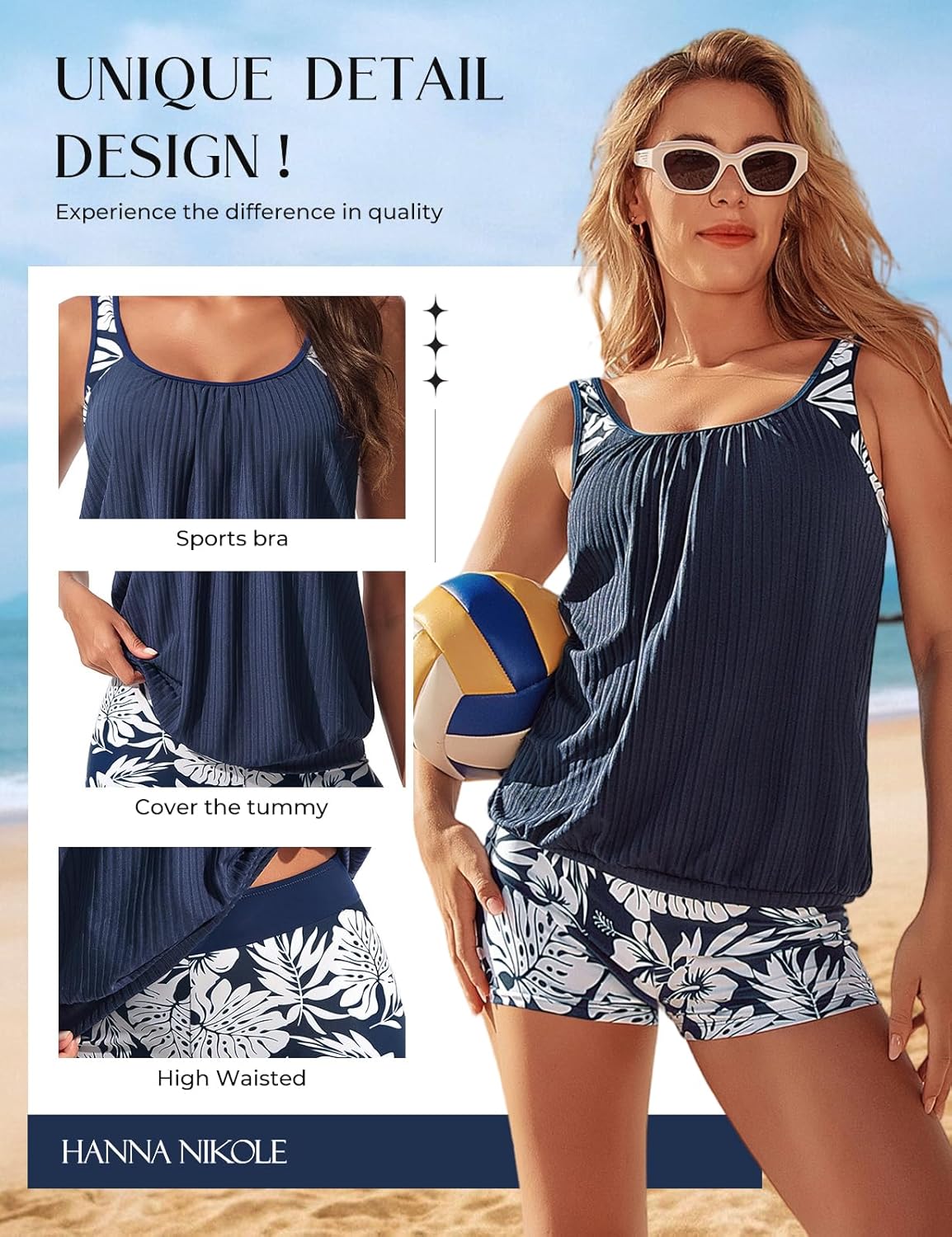 Hanna Nikole Tankini Swimsuits for Women, Textured Modest Swimsuit, Blouson Tankini with Sports Bra and Boyshorts - Image 3