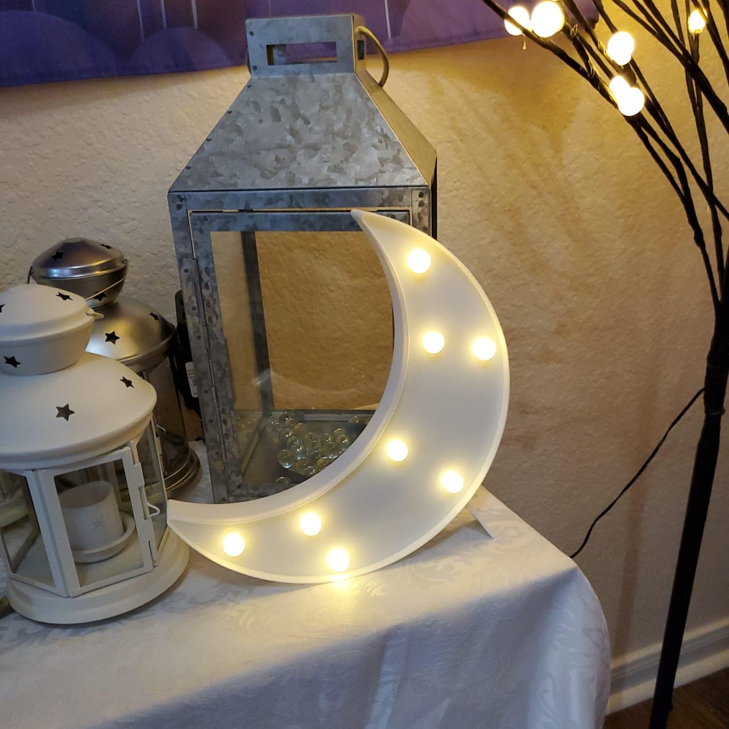 Stars Moon Clouds Logo Night Light, Plastic, White, Decorative Art Lamp