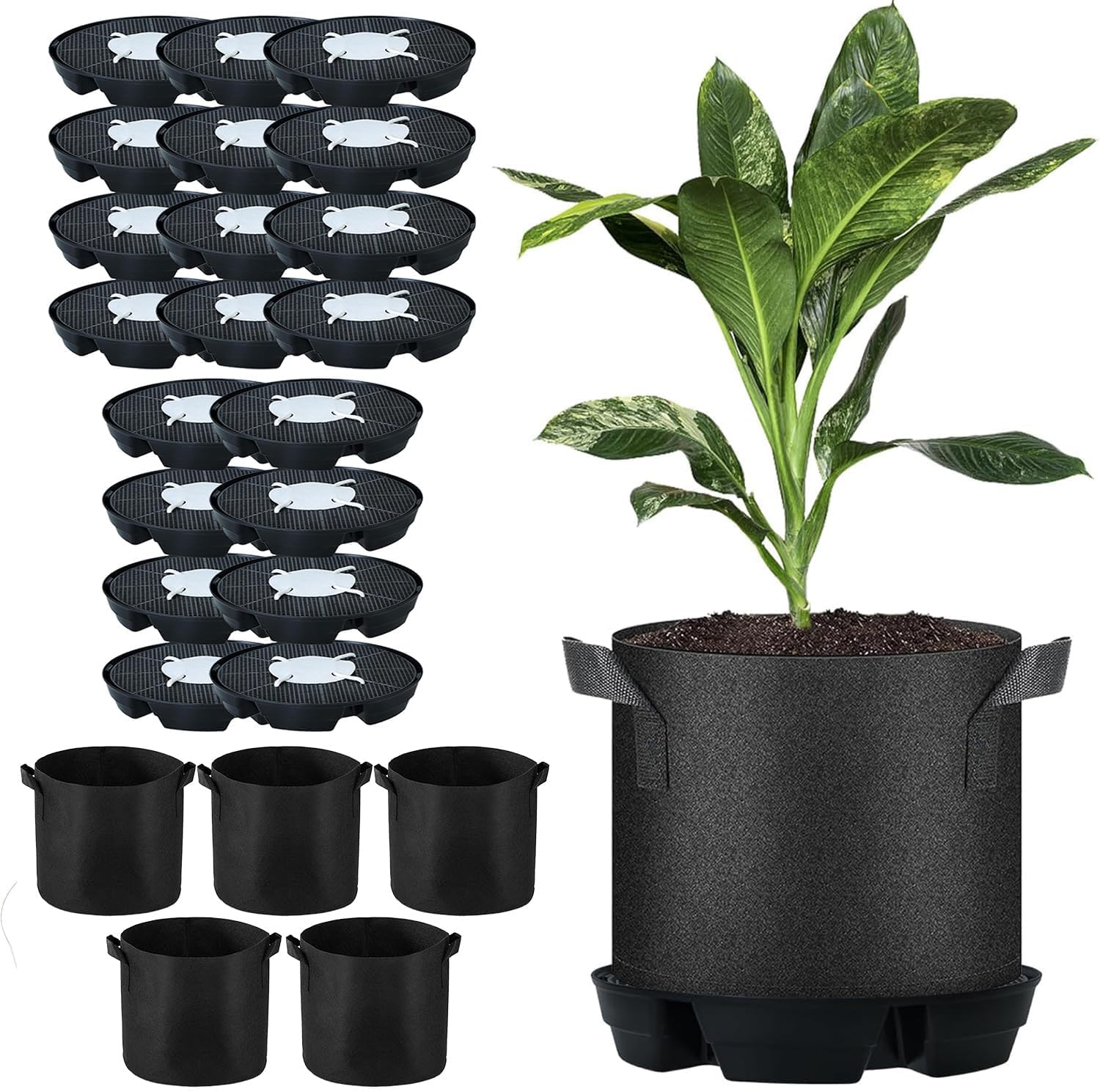 (20Pcs Tray+5Pcs Bags) Auto-Watering Plant Saucer System – Heavy Duty Self-Watering Trays for 5 Gallon Fabric Pots, Adjustable Wick & Grid Design to Prevent Overwatering, Indoor/Outdoor