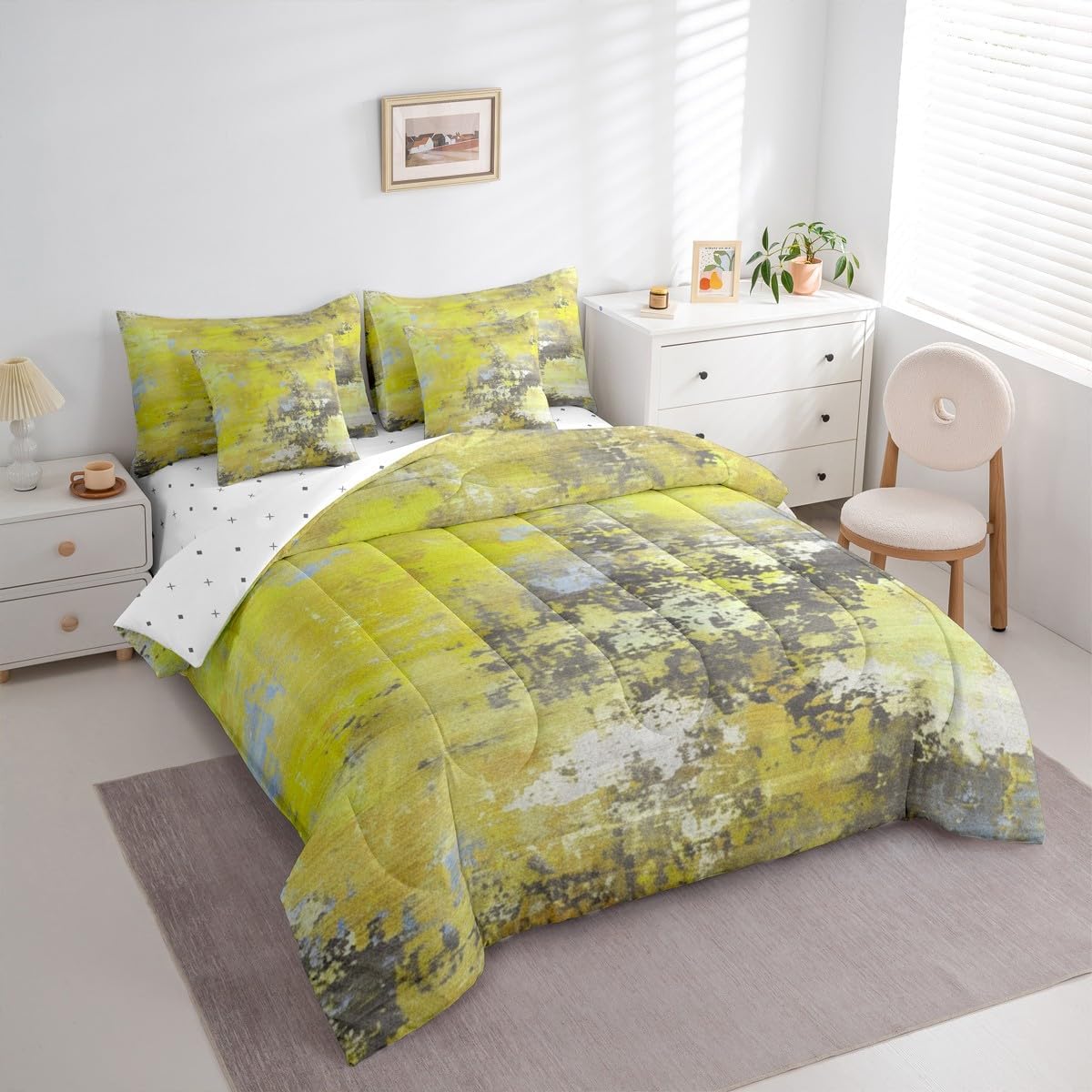 Erosebridal Watercolor Yellow and Grey Comforter Set 7 Pcs,Modern Abstract Art Bedding Set,Tie Dye Bed in A Bag for Kids Boys Girls,Contemporary Artwork Reversible Sheet Set (Yellow Grey,Twin Size)