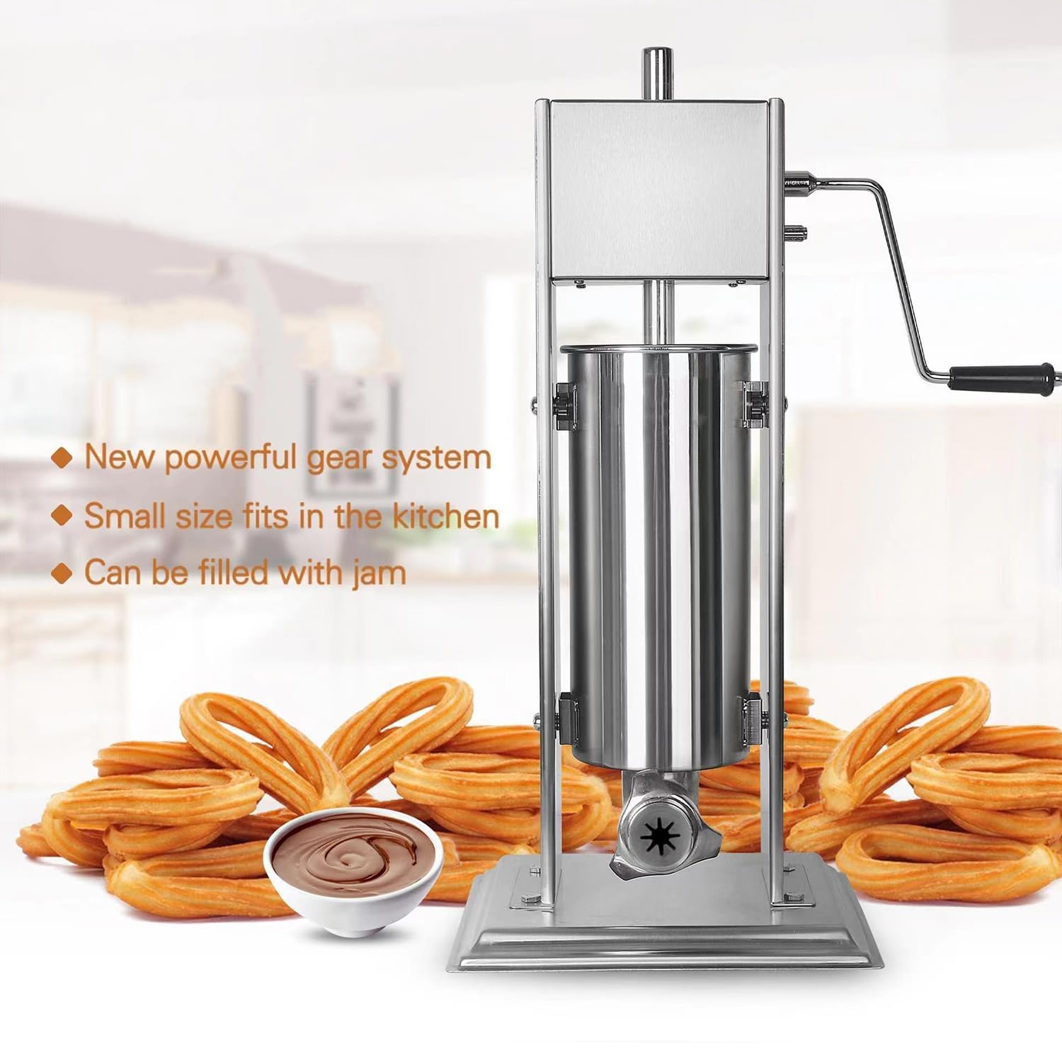 Machine à Churros Manuelle Professionnelle, Machine à Churros espagnole Verticale en Acier Inoxydable de 5 L/7 L, avec 4 Buses, Confiture Rechargeable, pour Restaurants,，5L